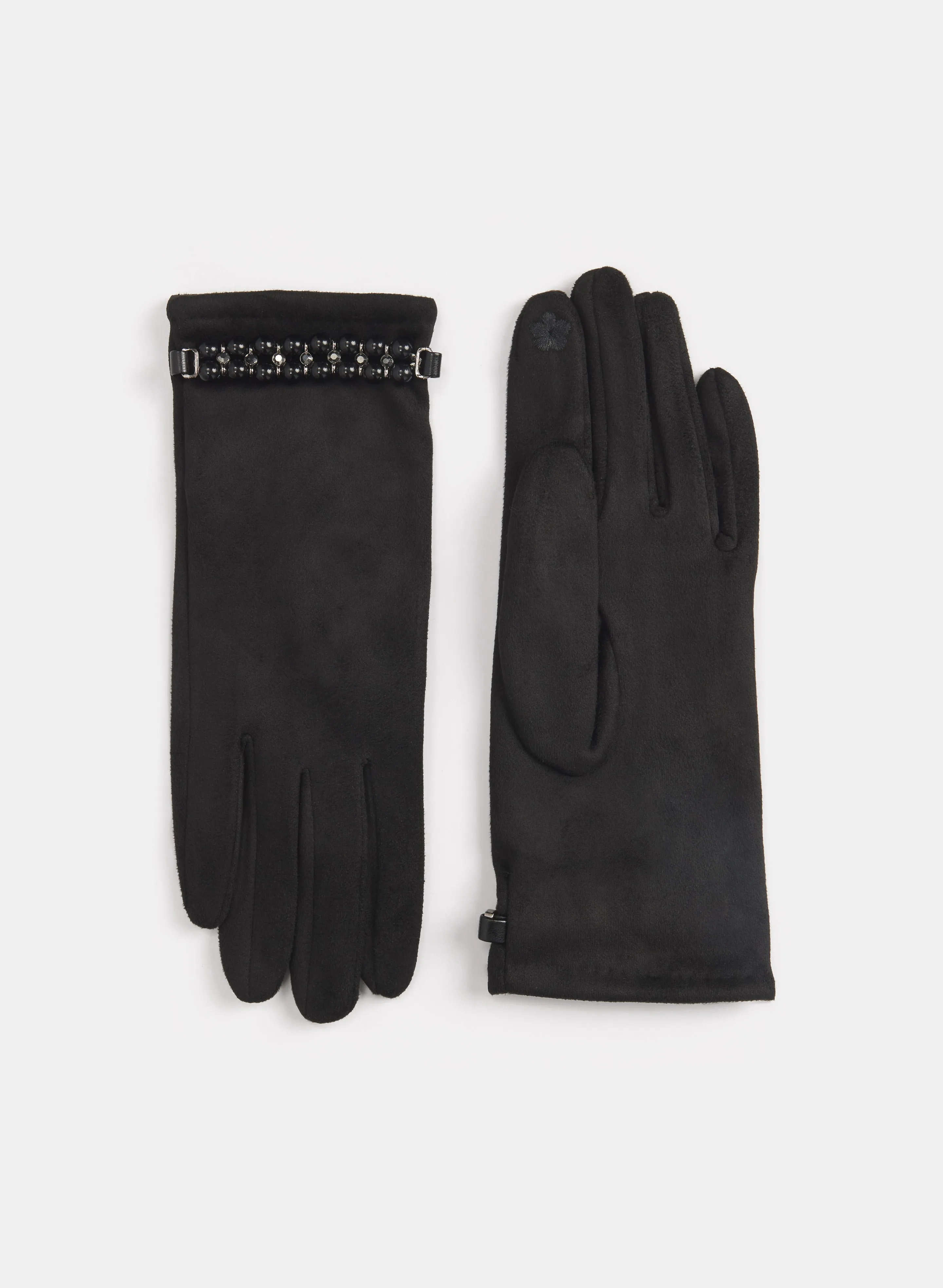 Pearl Embellished Faux Suede Gloves sold by Laura