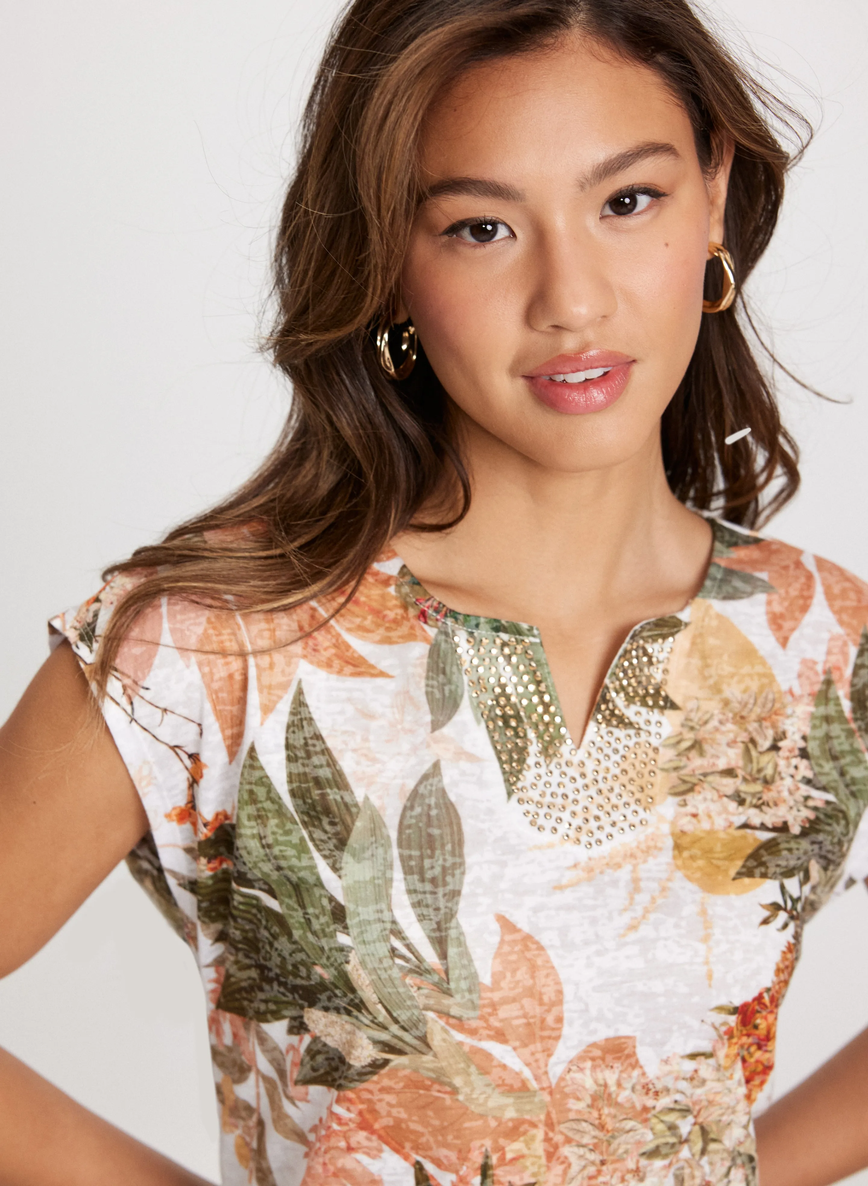 Embellished V-Neck Leaf Print Tee sold by Laura product image thumbnail 2