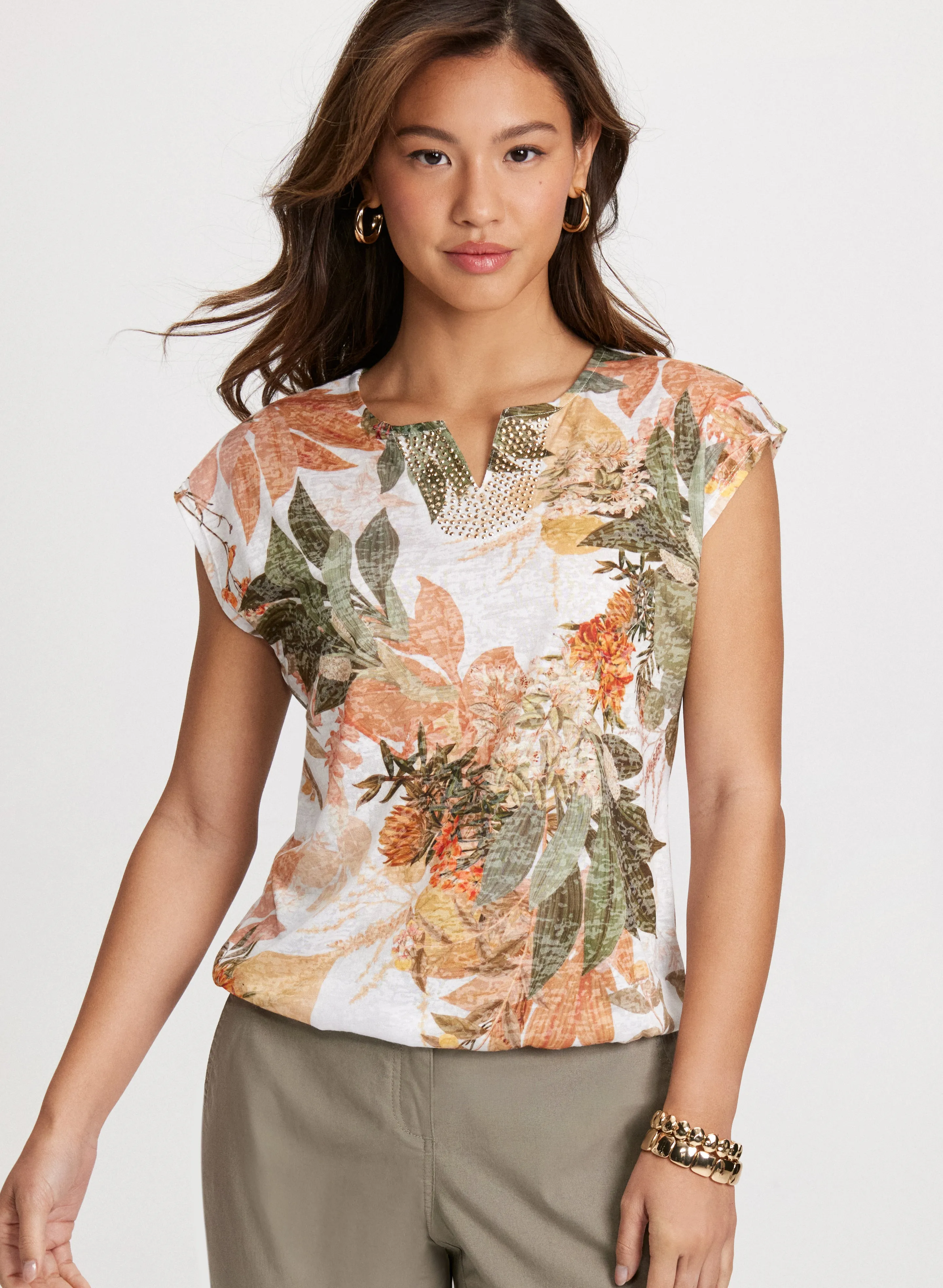 Embellished V-Neck Leaf Print Tee sold by Laura product image thumbnail 5