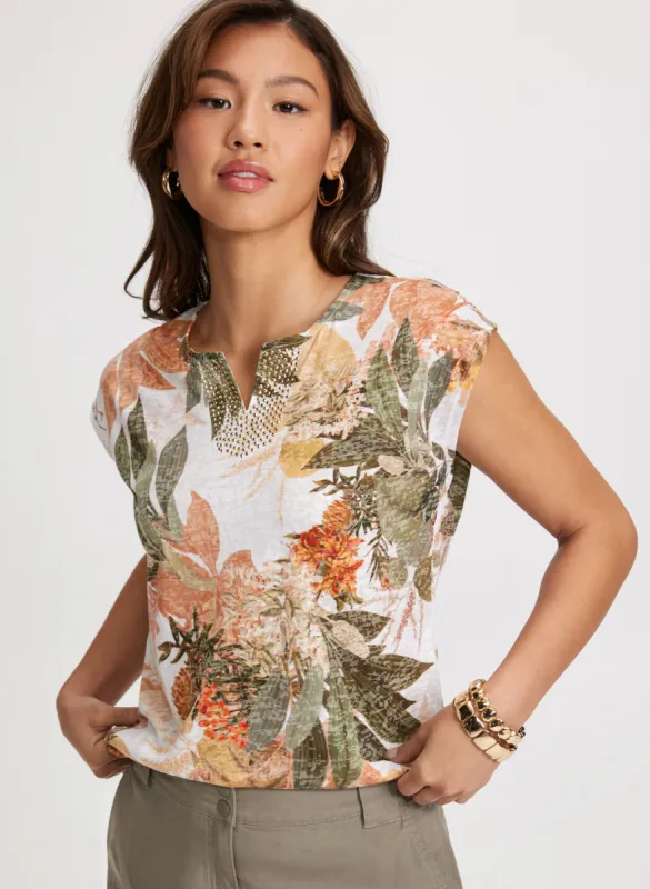 Embellished V-Neck Leaf Print Tee sold by Laura