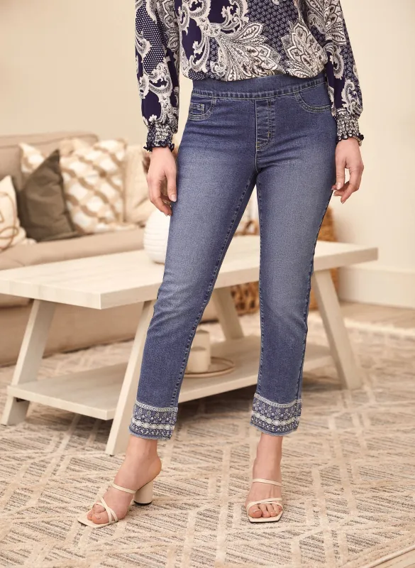 Embroidered Detail Pull-On Jeans sold by Laura