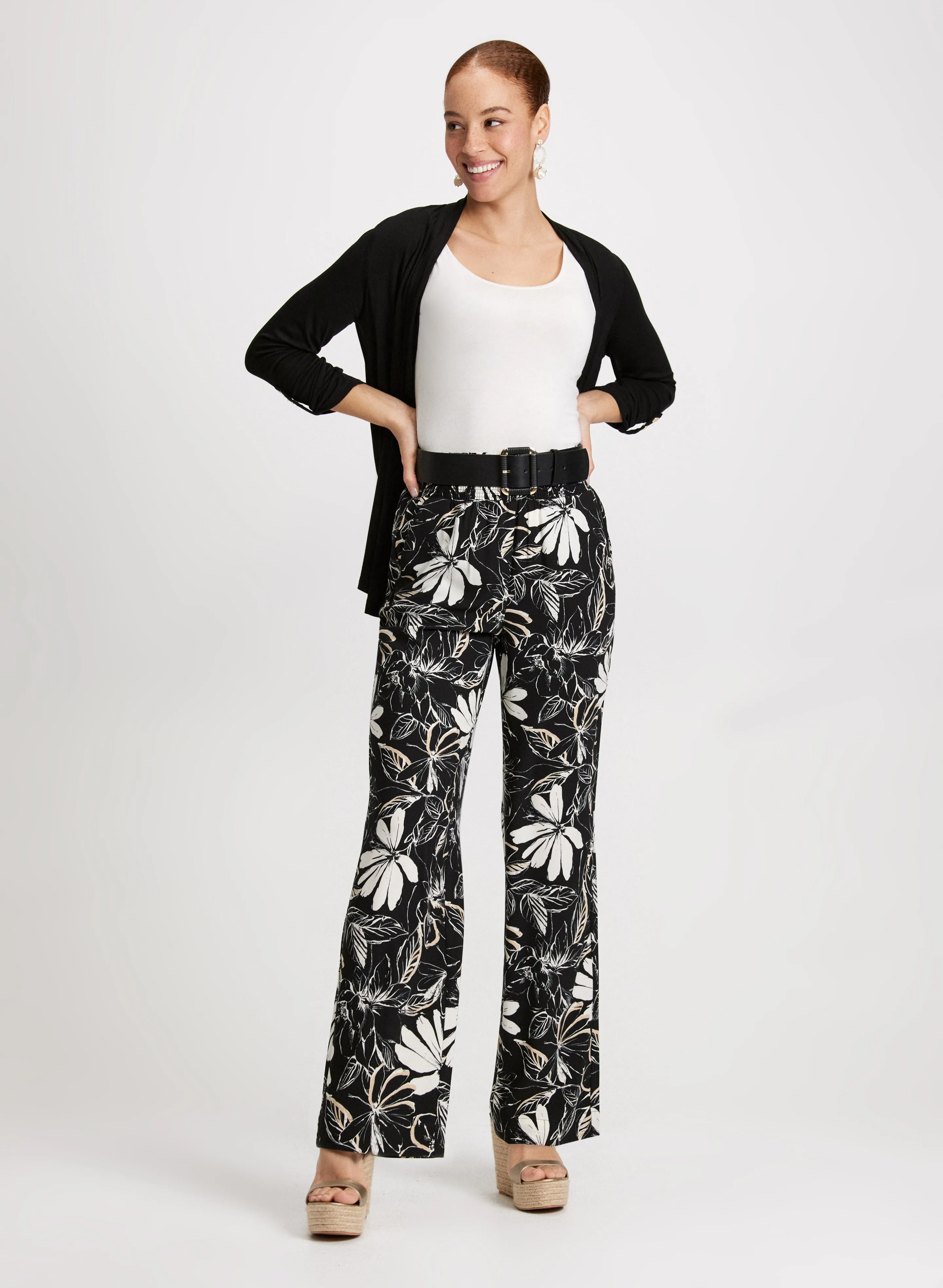 Embellished Sleeve Cardigan & Floral Wide Leg Pants sold by Laura