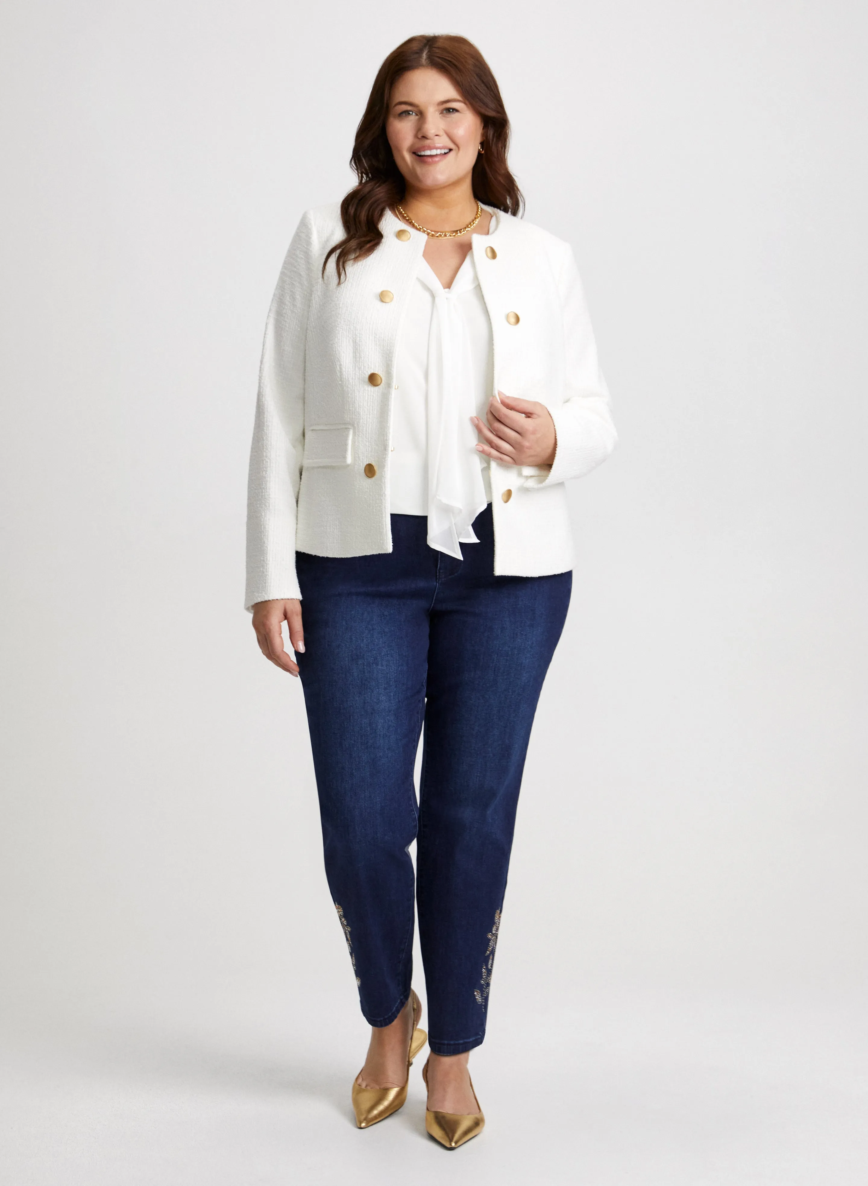 Short Bouclé Jacket & Embellished Hem Slim Leg Jean sold by Laura