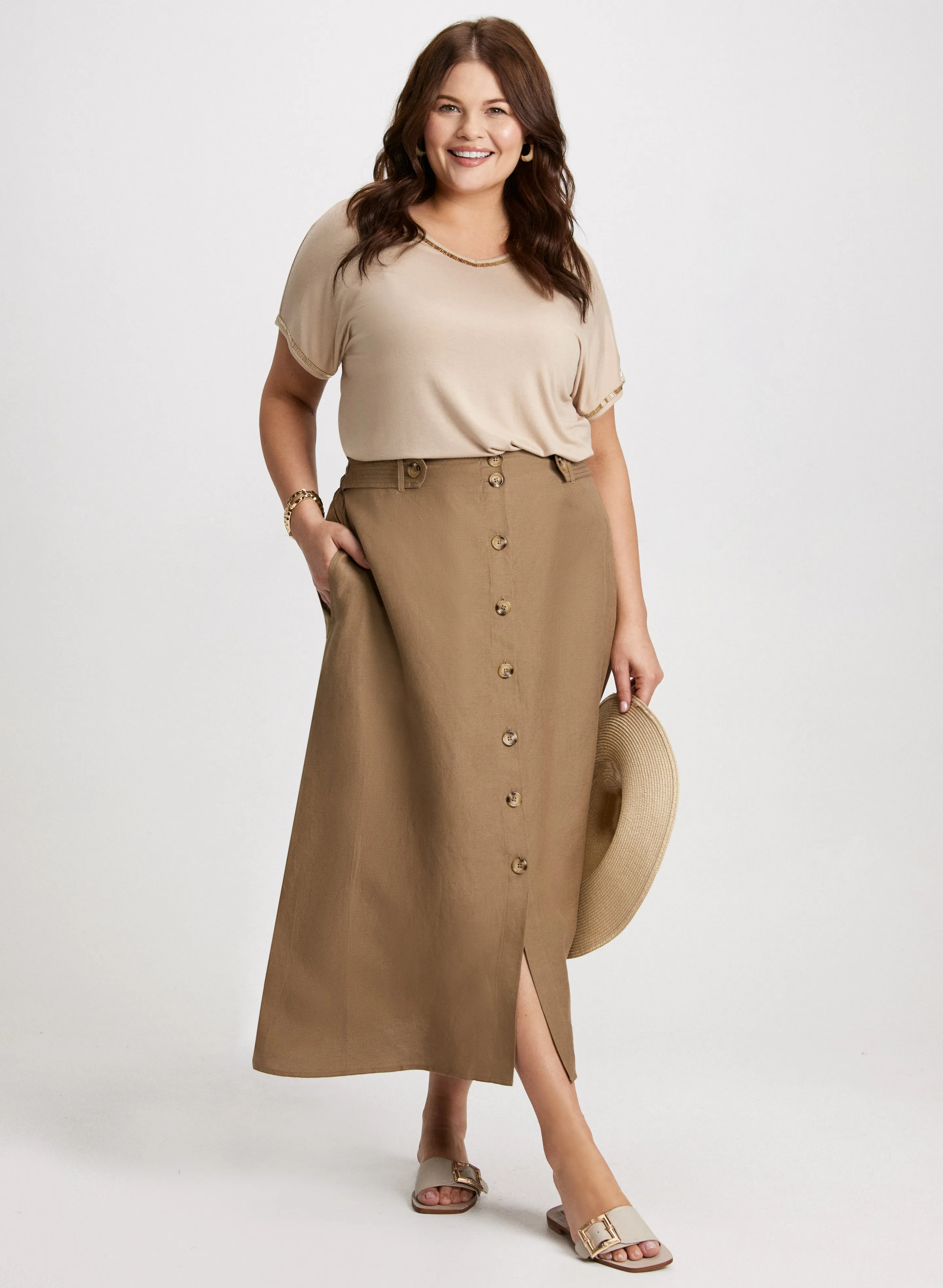 V-Neck Tee With Beaded Trim & Long Button-Front Skirt sold by Laura