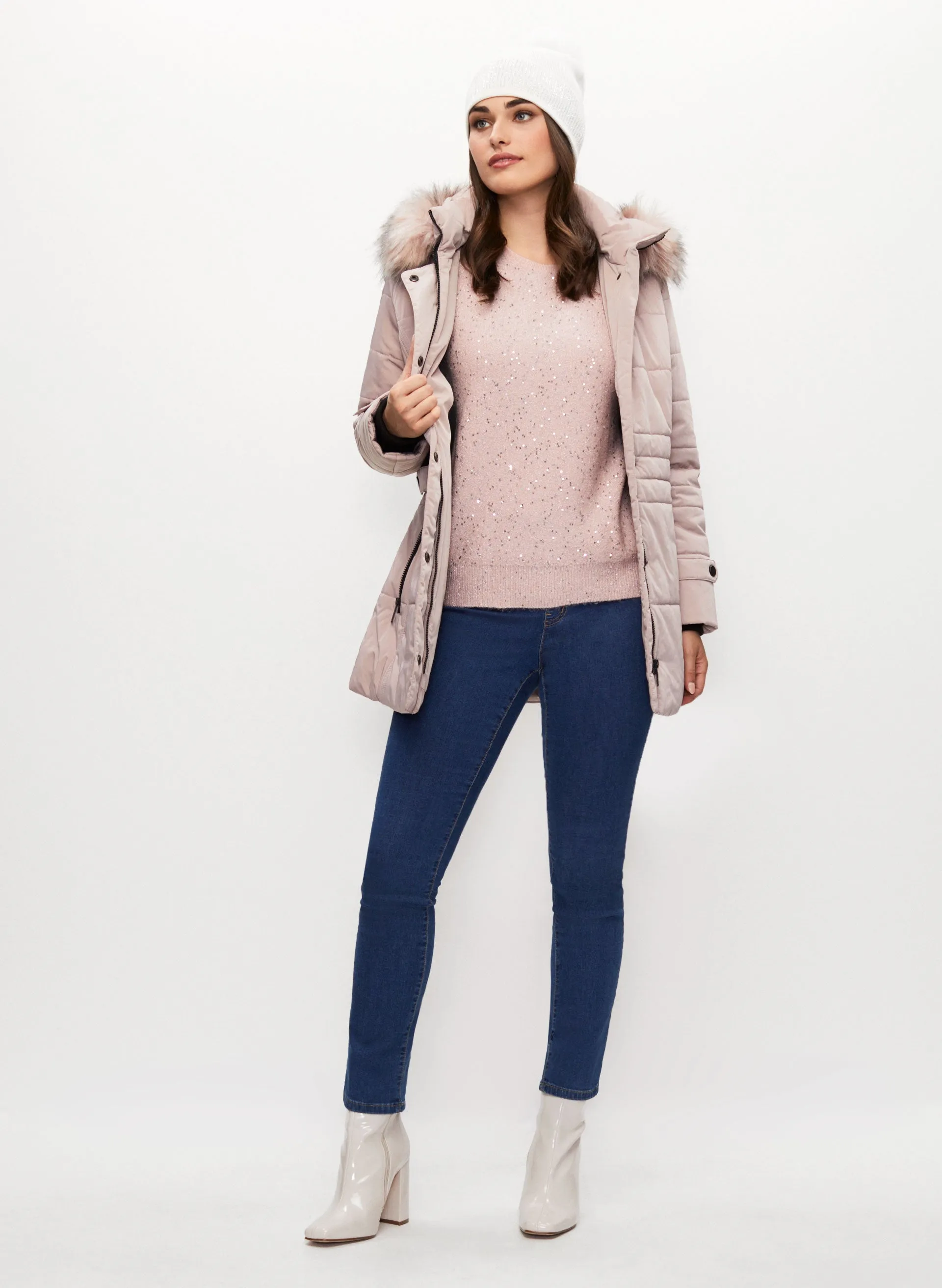 Quilted Coat, Sequin Sweater & Jeans sold by Laura