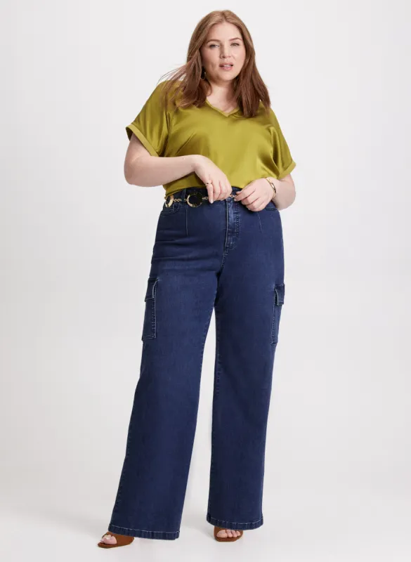 V-neck Satin Blouse & Cargo Jeans sold by Laura