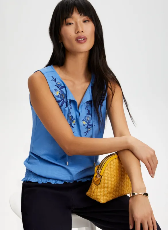 Embroidered Smocked Hem Top sold by Laura