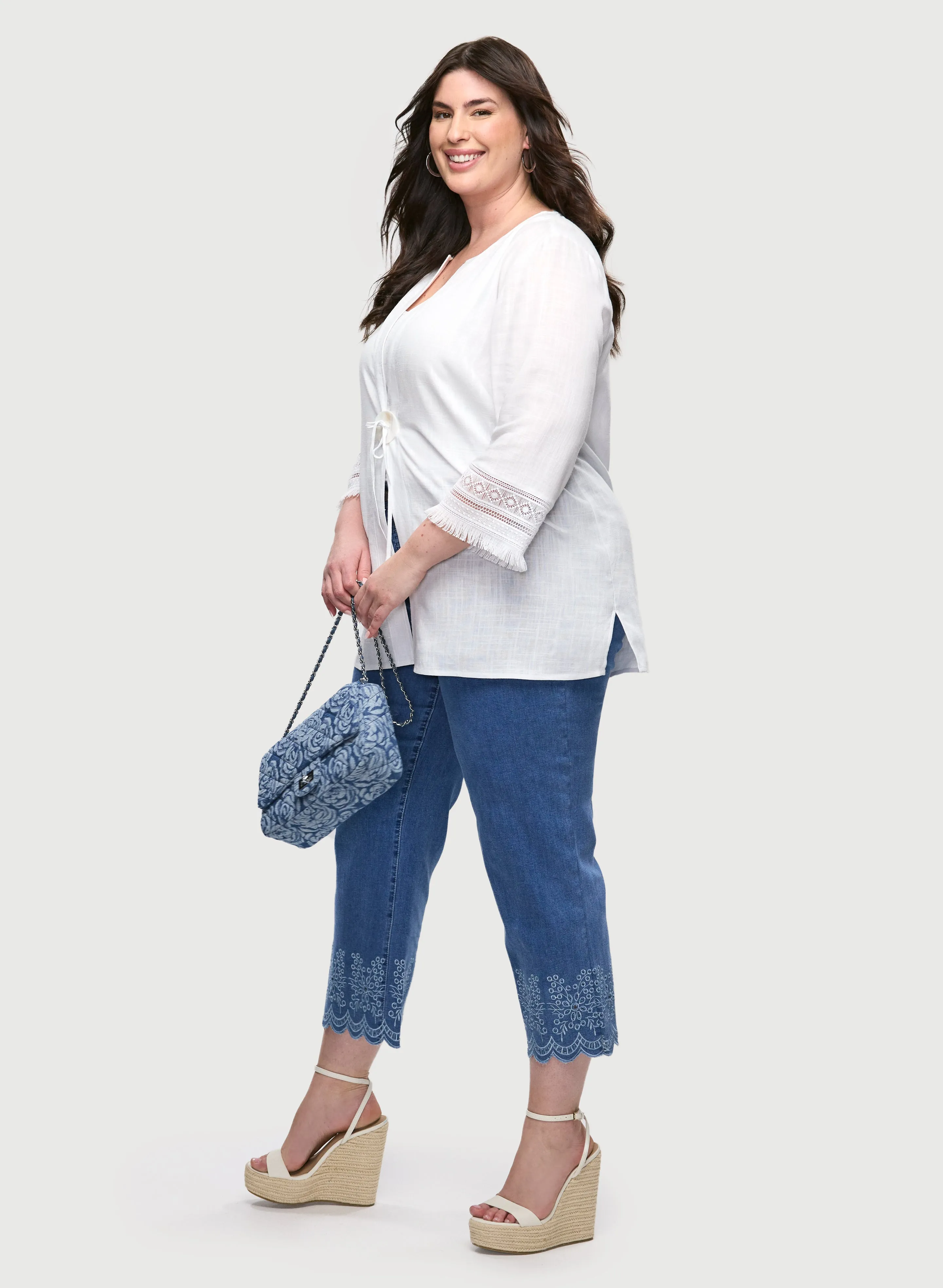 Linen-Blend Fringe Sleeve Blouse & Embroidered Hem Capri Jeans sold by Laura