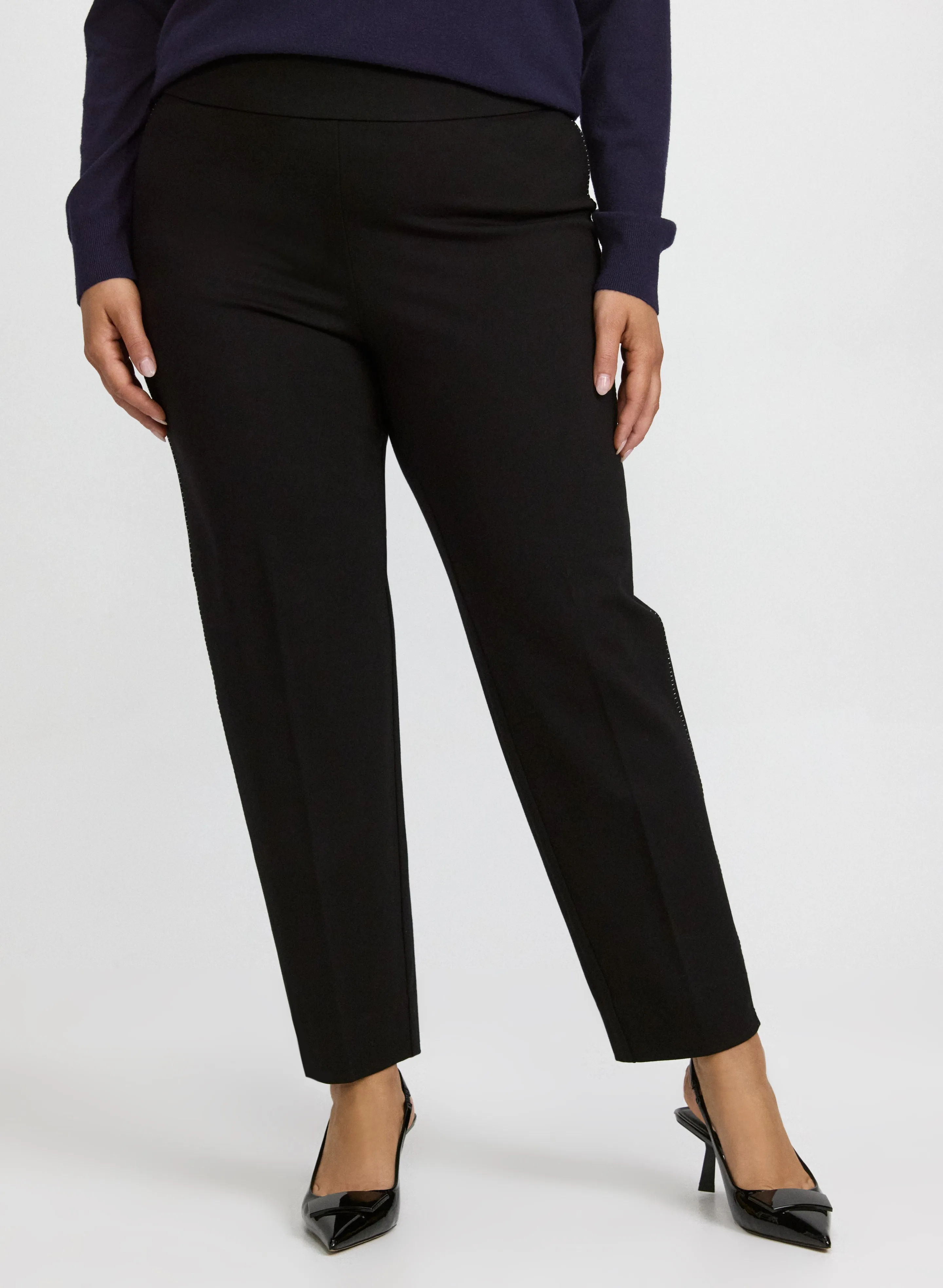 Sofia Metallic Stitch Slim-Leg Pants sold by Laura