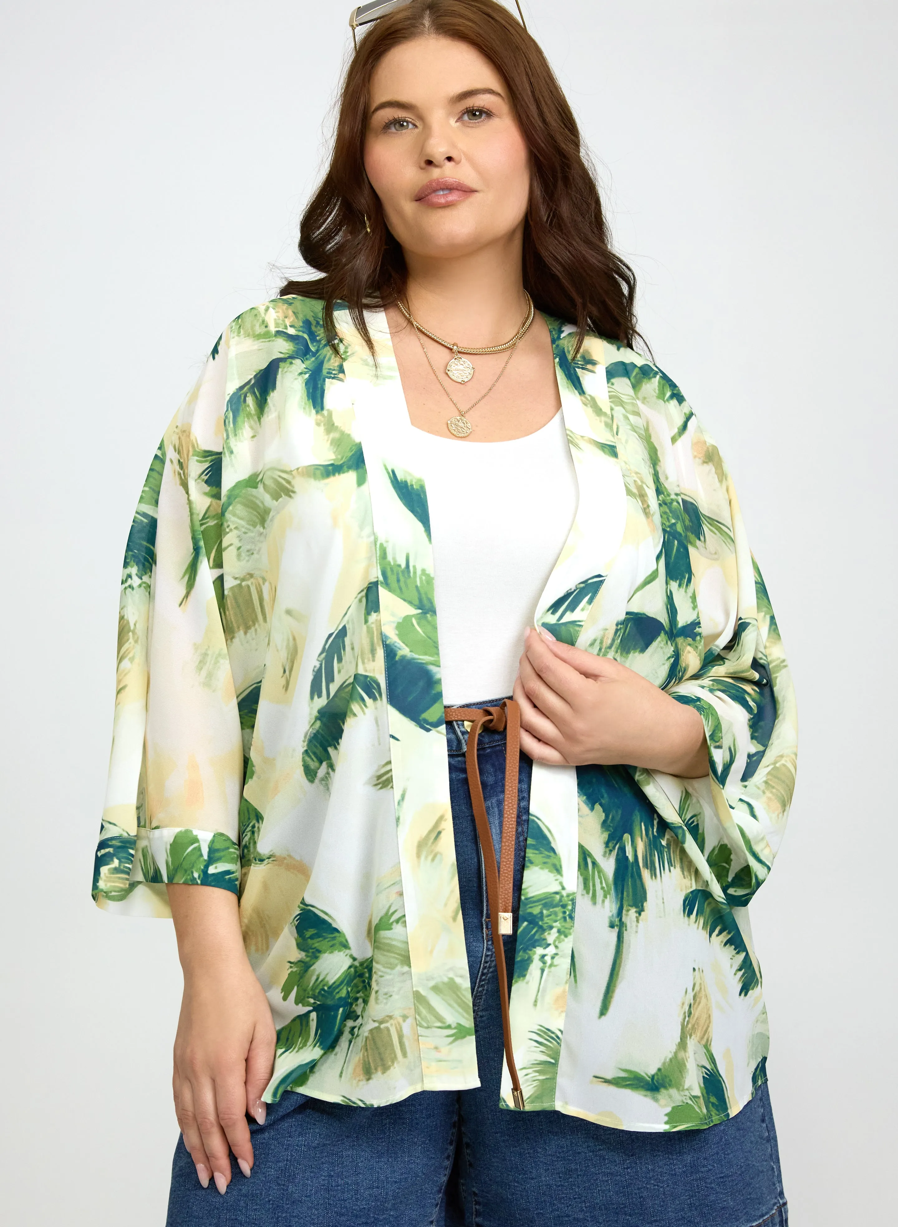 Palm Print Open Front Blouse sold by Laura