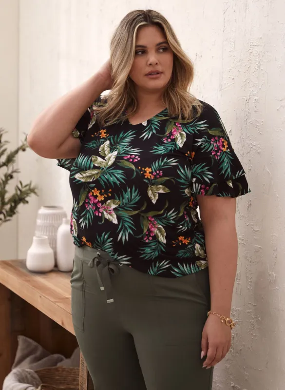 Tropical Print Flutter Sleeve Top sold by Laura