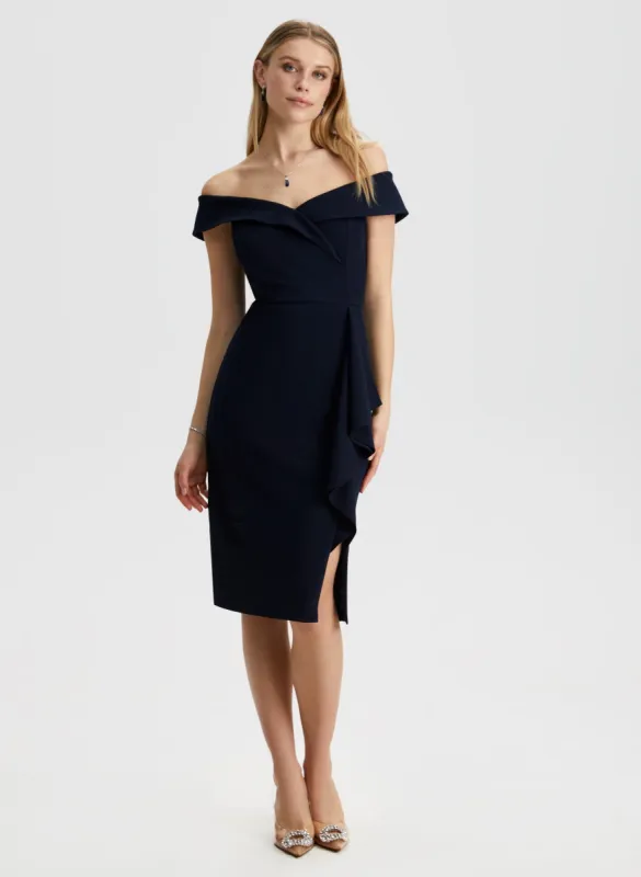 Bardot Neck Ruffle Detail Dress sold by Laura