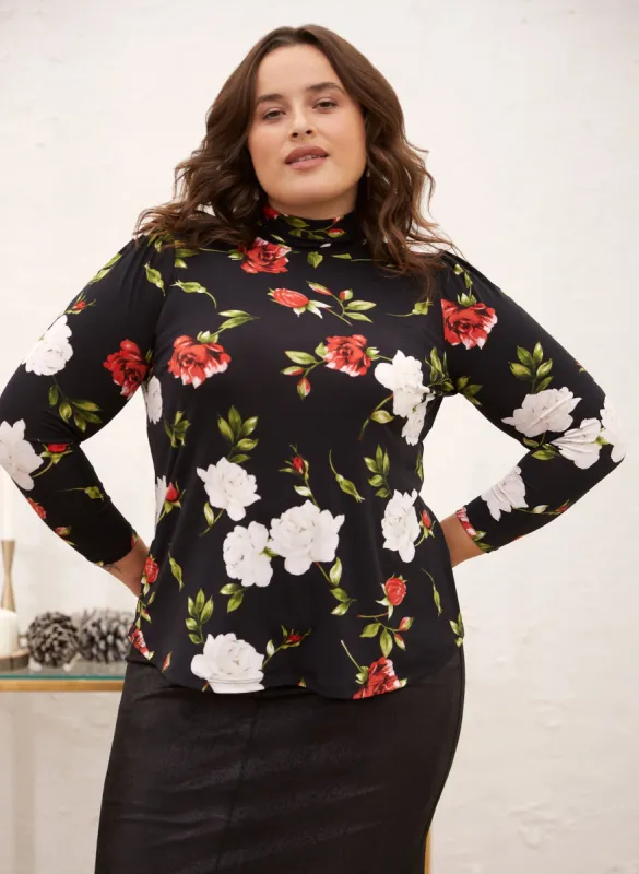 Mock Neck Rose Print Top sold by Laura