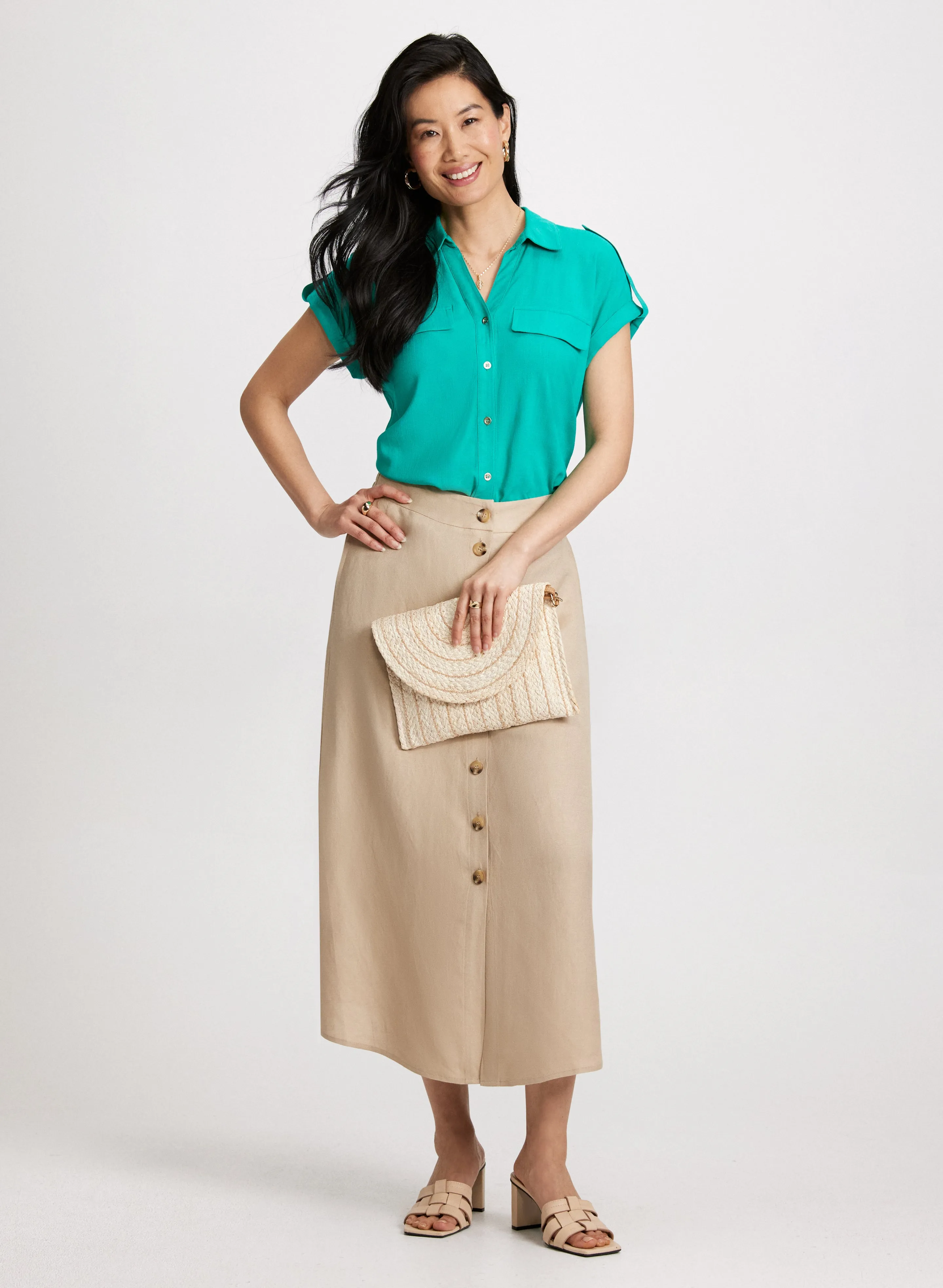 Button Down Blouse & Long Linen-Blend Skirt sold by Laura