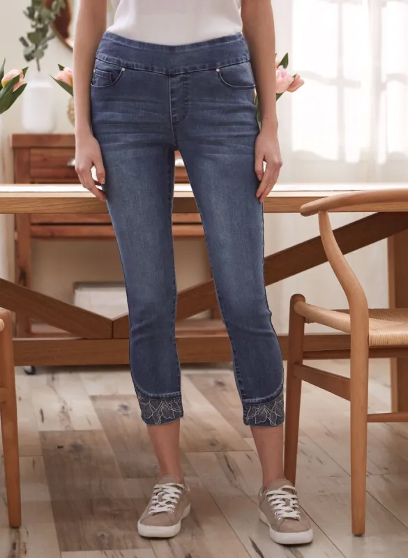 Embroidery Detail Pull-On Denim Capris sold by Laura