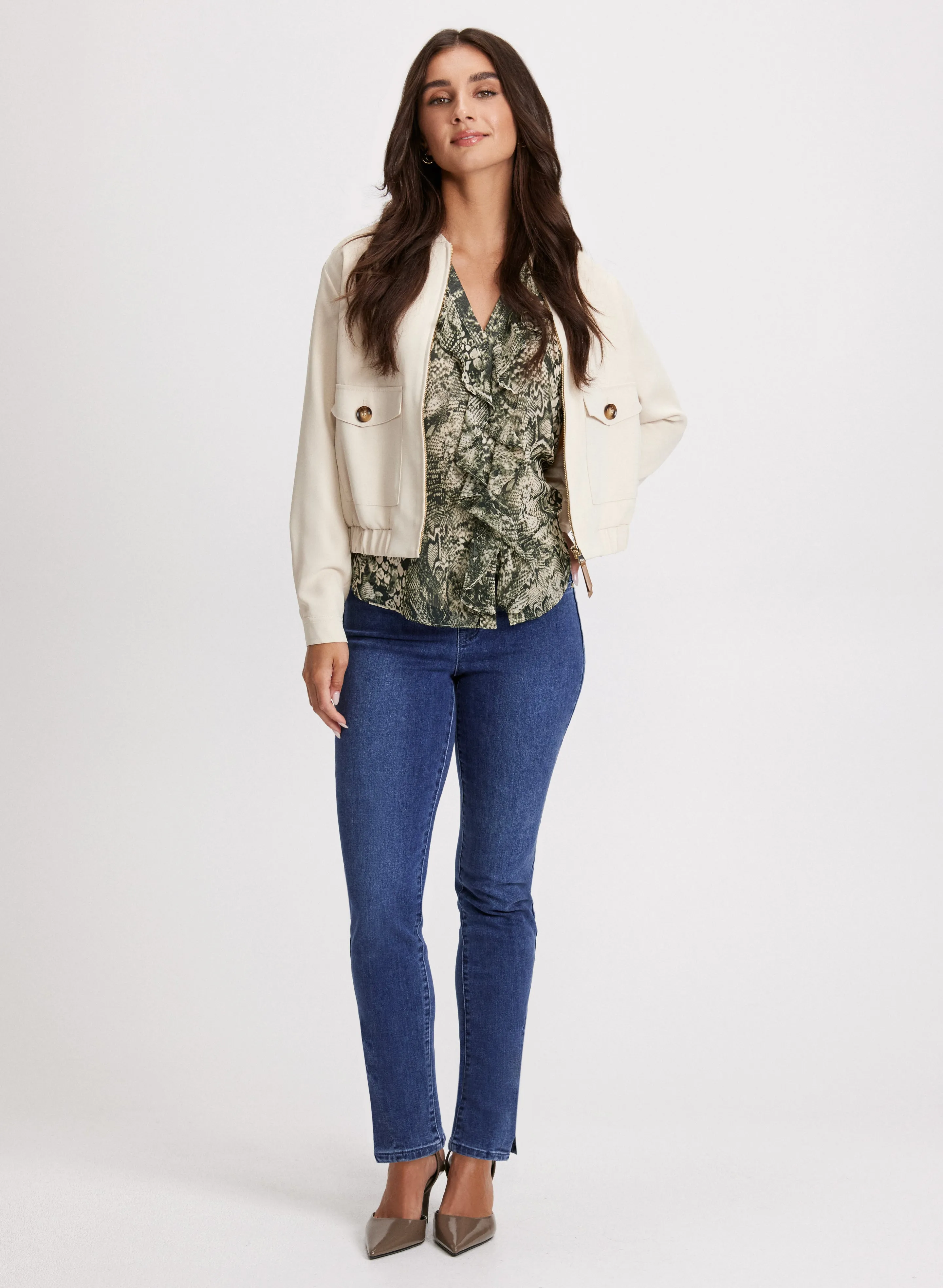 Bomber Jacket & Embellished Hem Slit Jeans sold by Laura