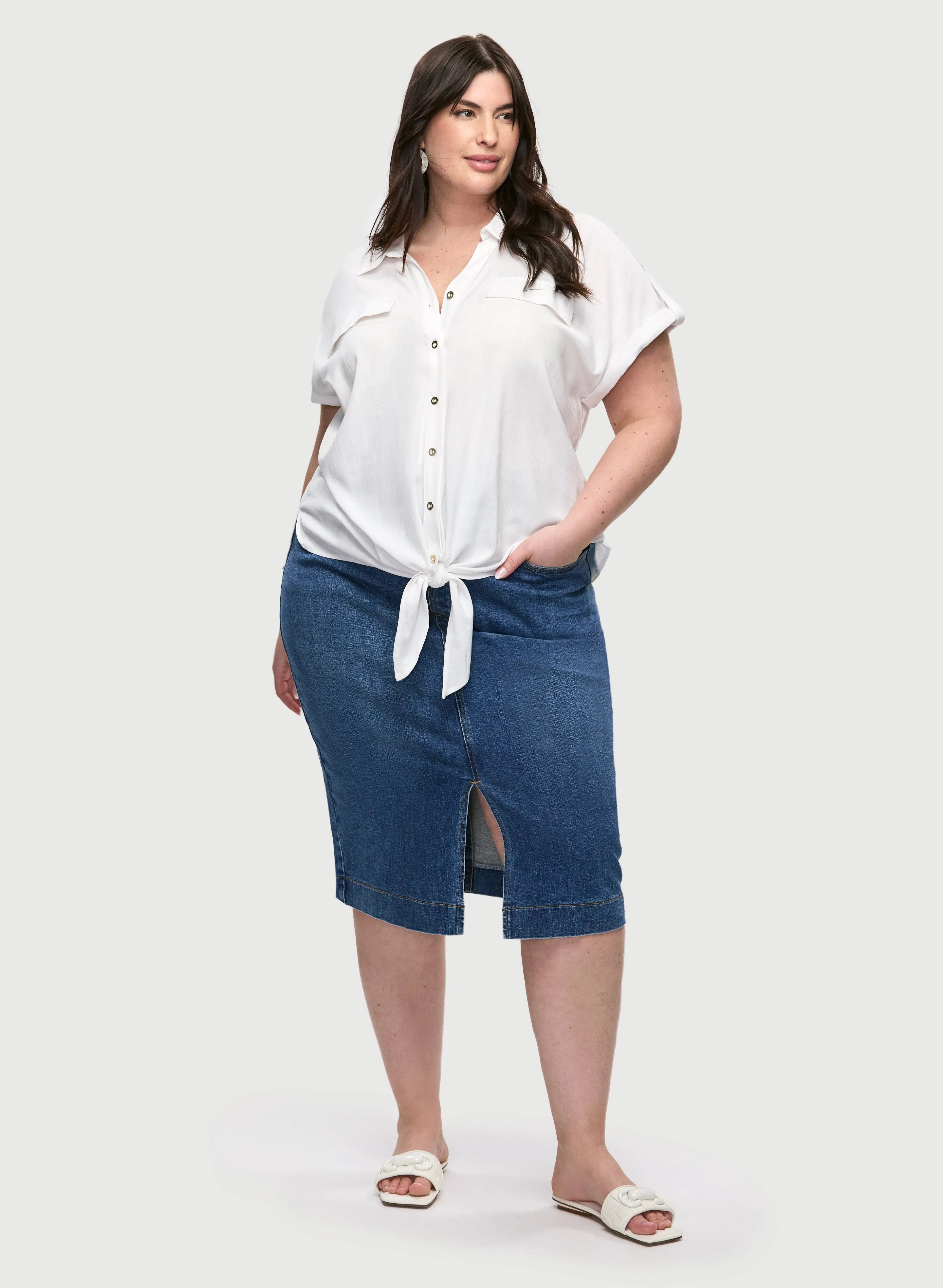 Short Sleeve Button Down Blouse & Denim Pencil Skirt sold by Laura