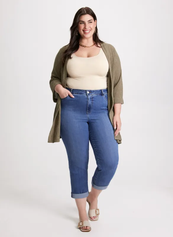 Open Front Cardigan & Cuffed Denim Capris sold by Laura