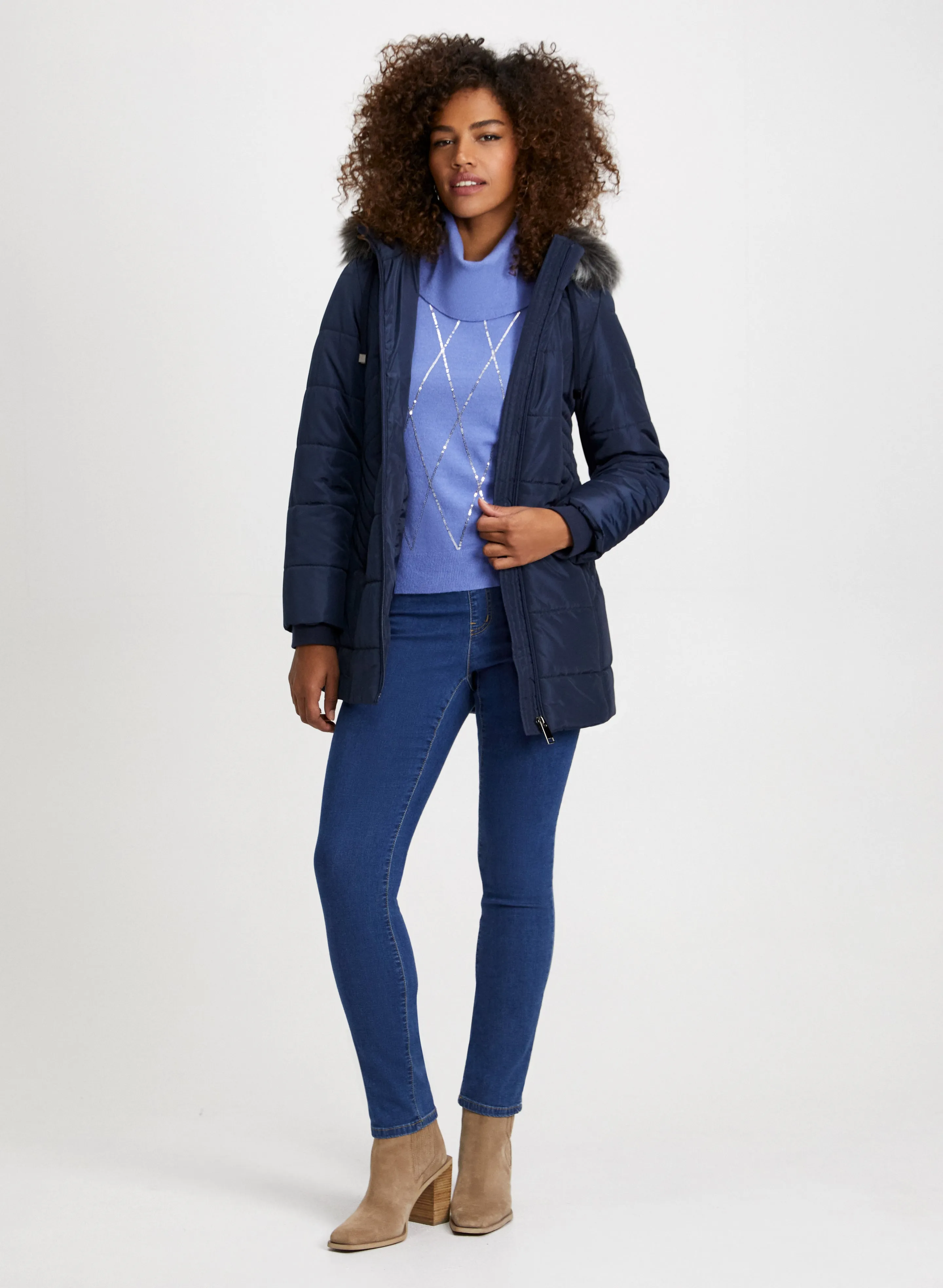 Quilted Coat, Sequin Motif Sweater & Straight Leg Jeans sold by Laura