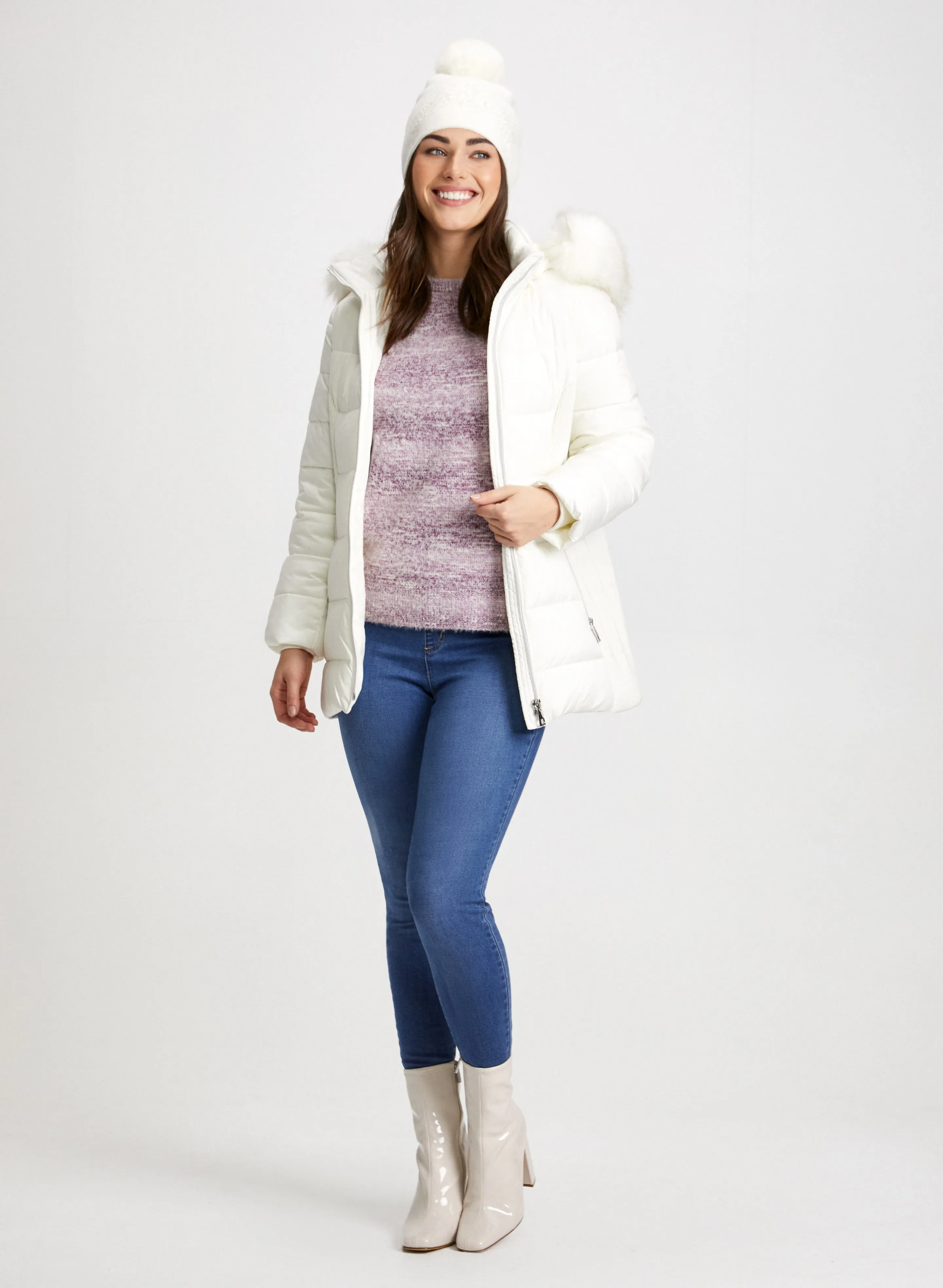 Quilted Coat, Gradient Motif Sweater & Jeans sold by Laura