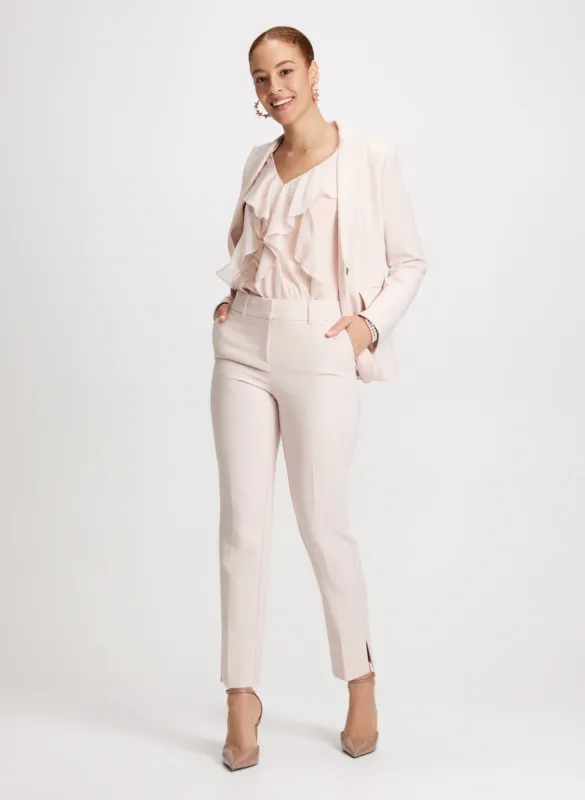 Single Button Jacket, Sleeveless Ruffle Top & City Fit Pants sold by Laura