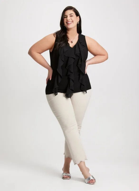 Ruffled Sleeveless Top & Scalloped Hem Straight Leg Jeans sold by Laura