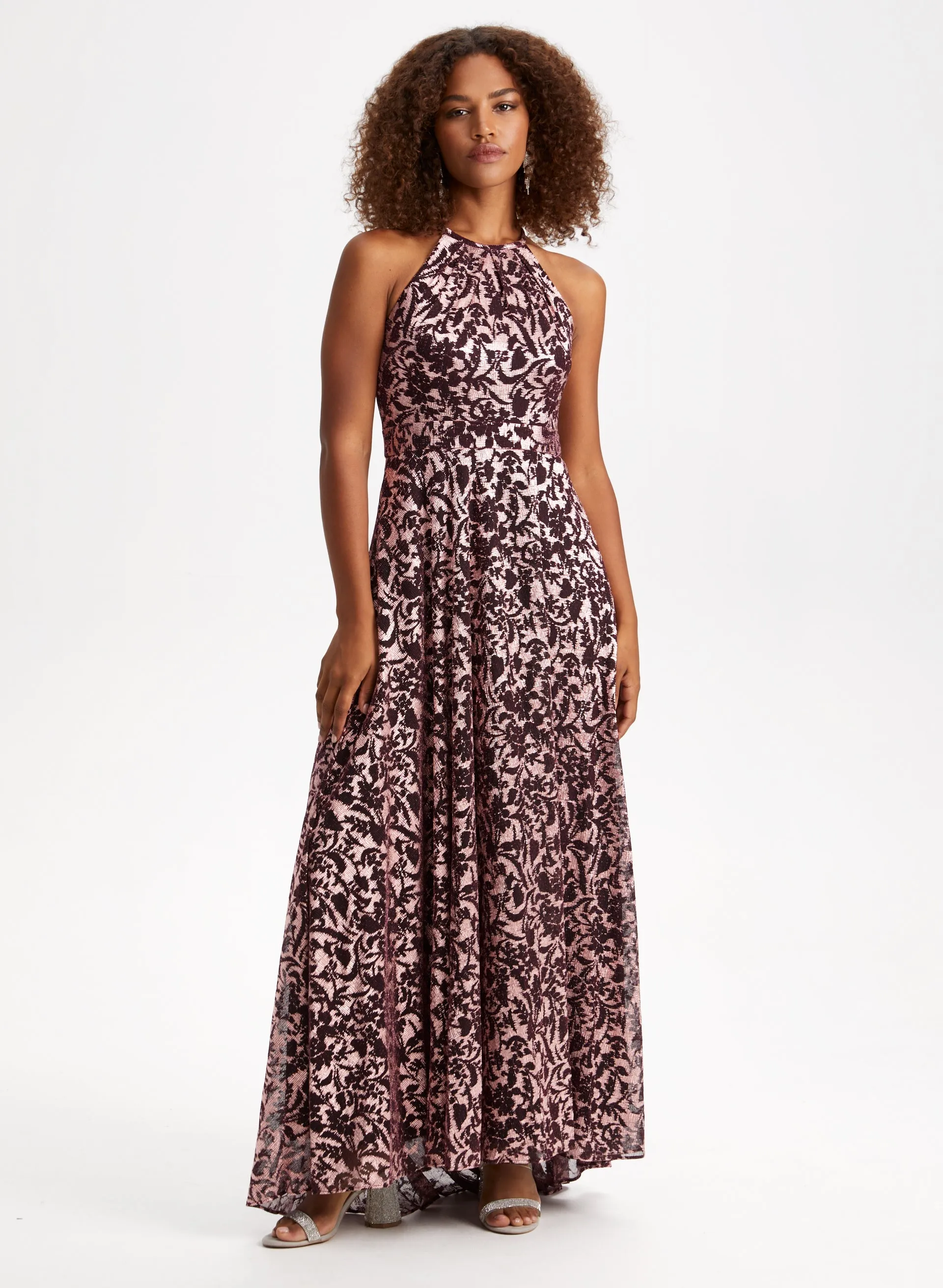 Metallic Burnout Halter Neck Dress sold by Laura