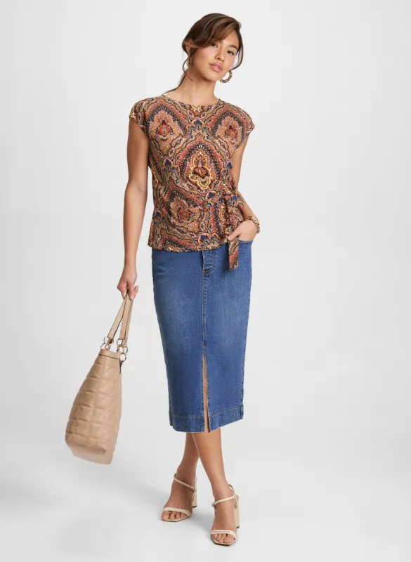 Medallion Print Top & Slit-Hem Denim Skirt sold by Laura