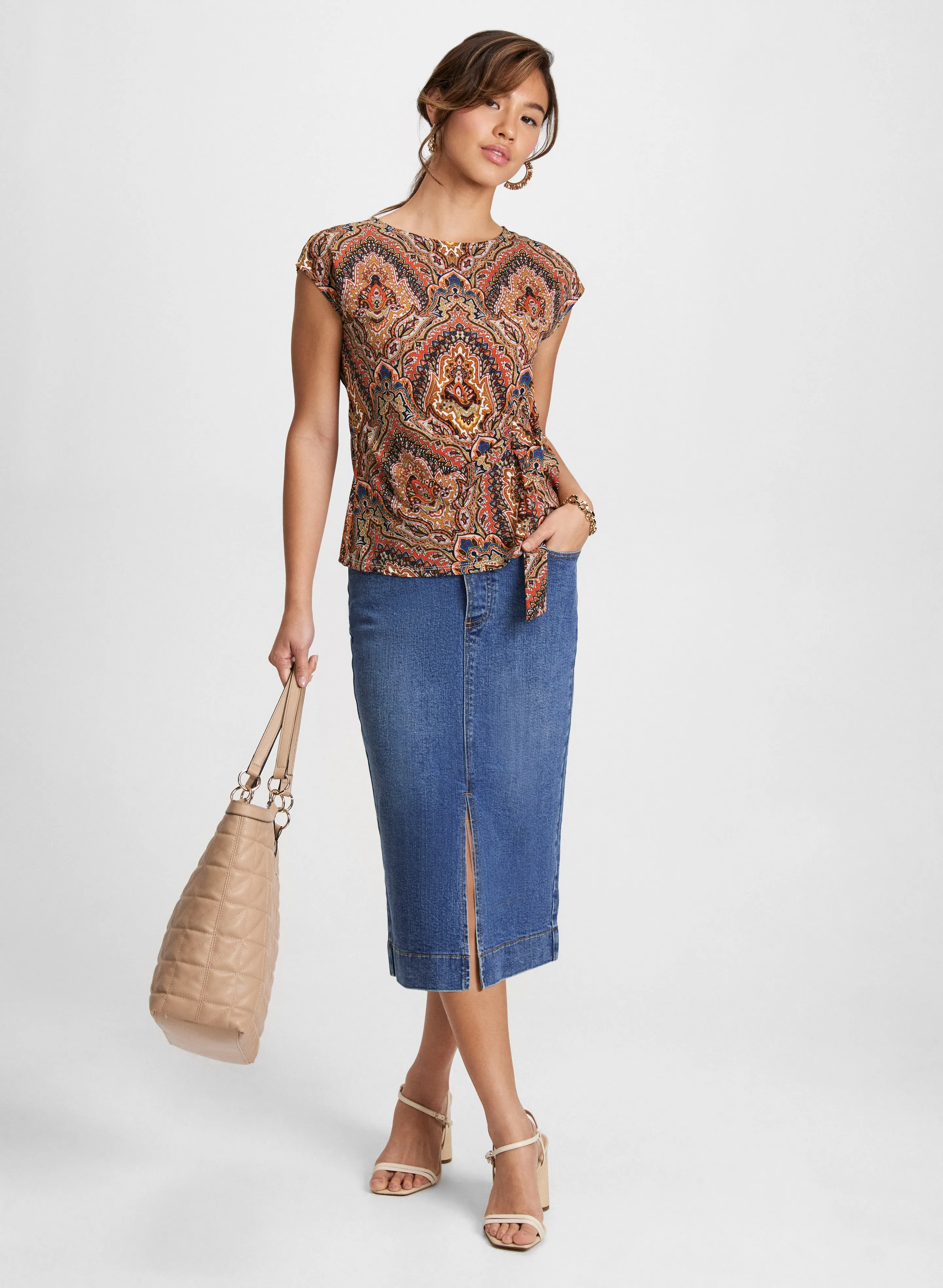 Medallion Print Top & Slit-Hem Denim Skirt sold by Laura