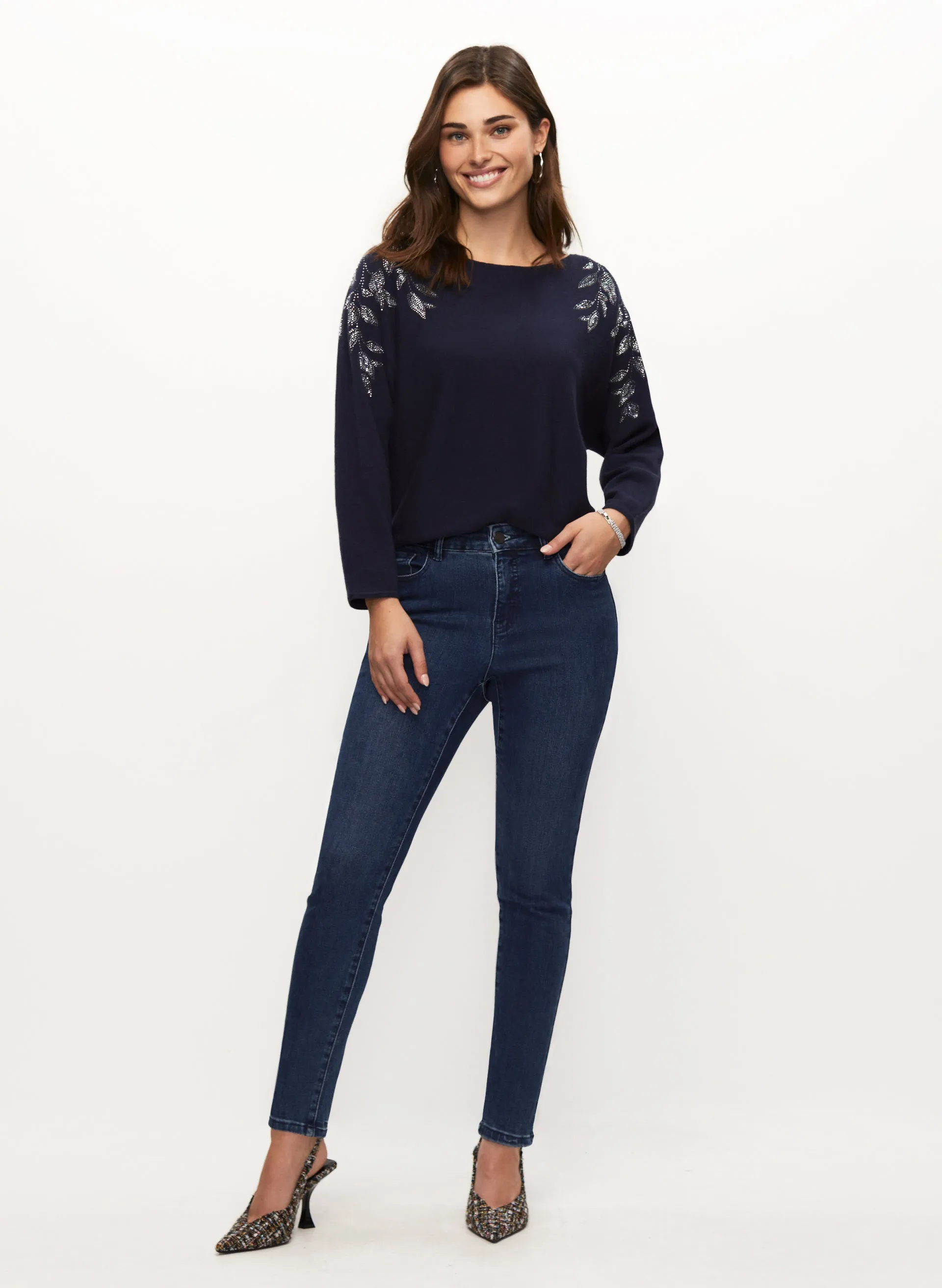 Leaf Appliqué Sweater & Blue Slim Leg Jeans sold by Laura
