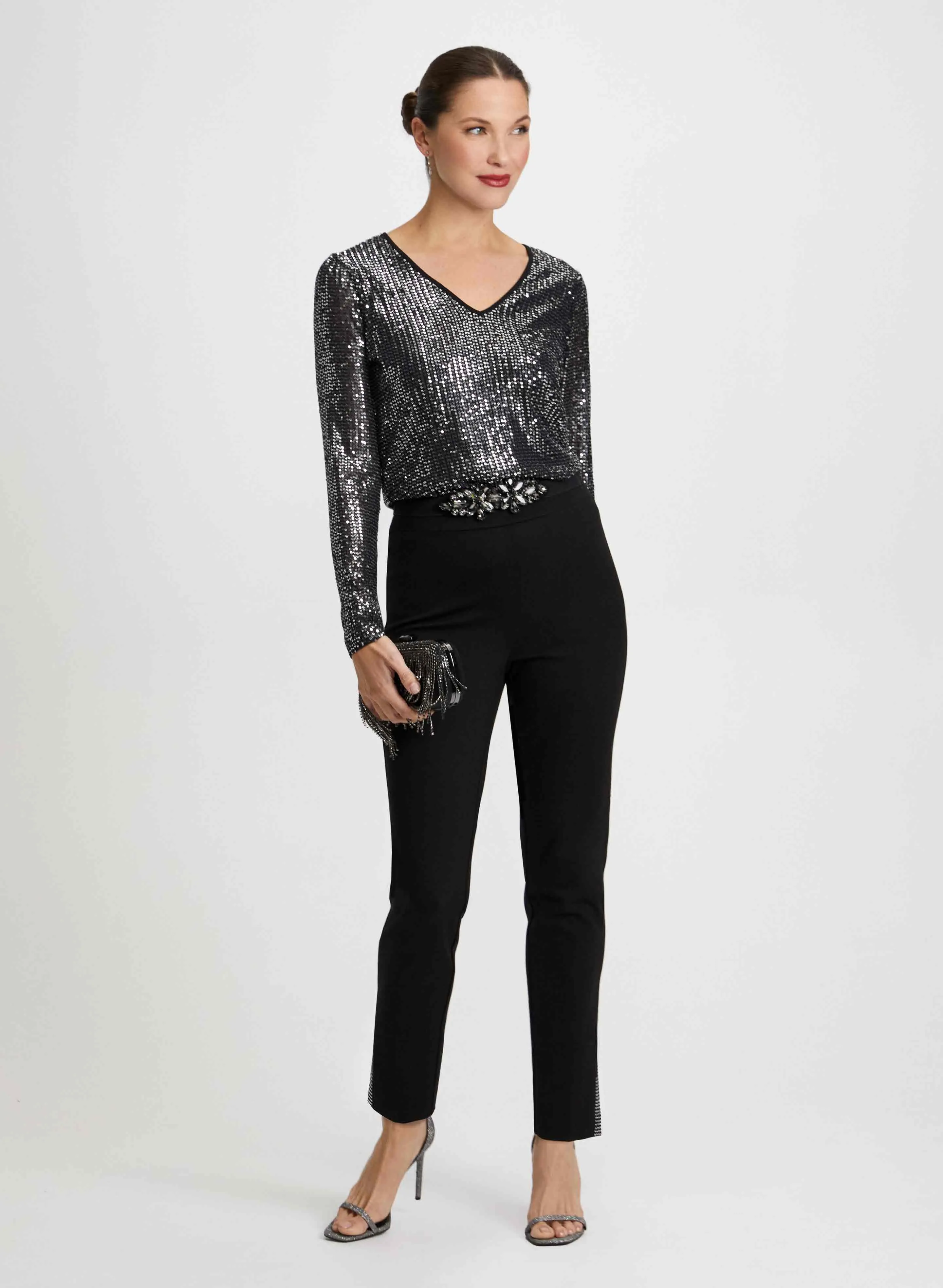 Sequin Top & Rhinestone Slit Pants sold by Laura
