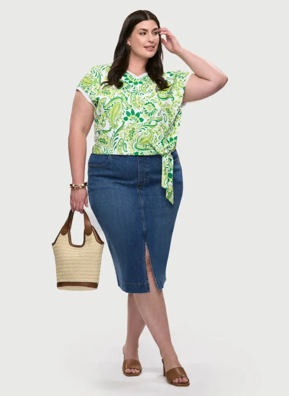 Tie Detail Drop-Shoulder Top & Denim Pencil Skirt sold by Laura