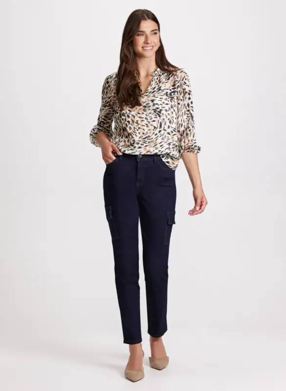 Abstract Print Blouse & Slim Leg Cargo Jeans sold by Laura