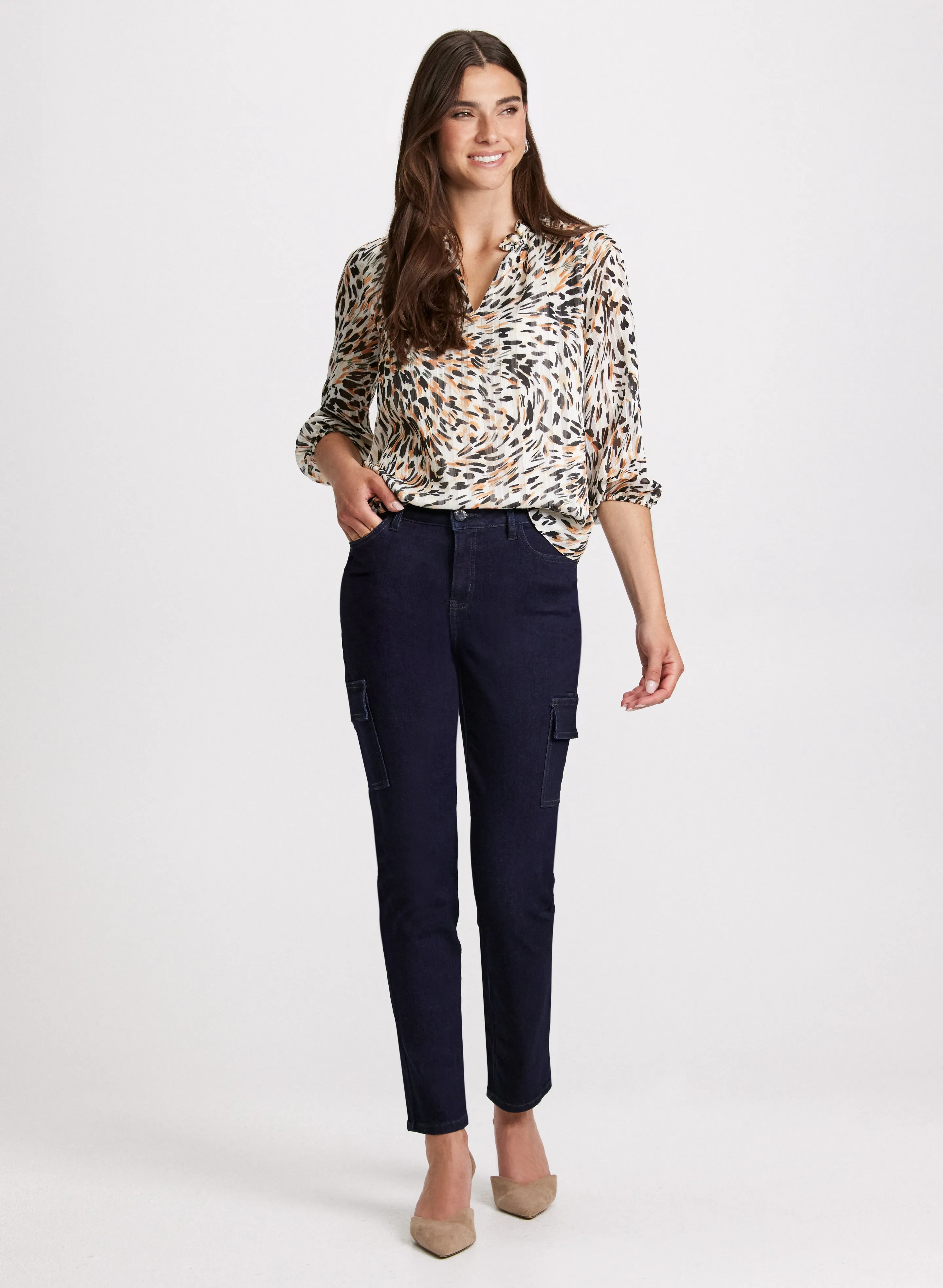 Abstract Print Blouse & Slim Leg Cargo Jeans sold by Laura
