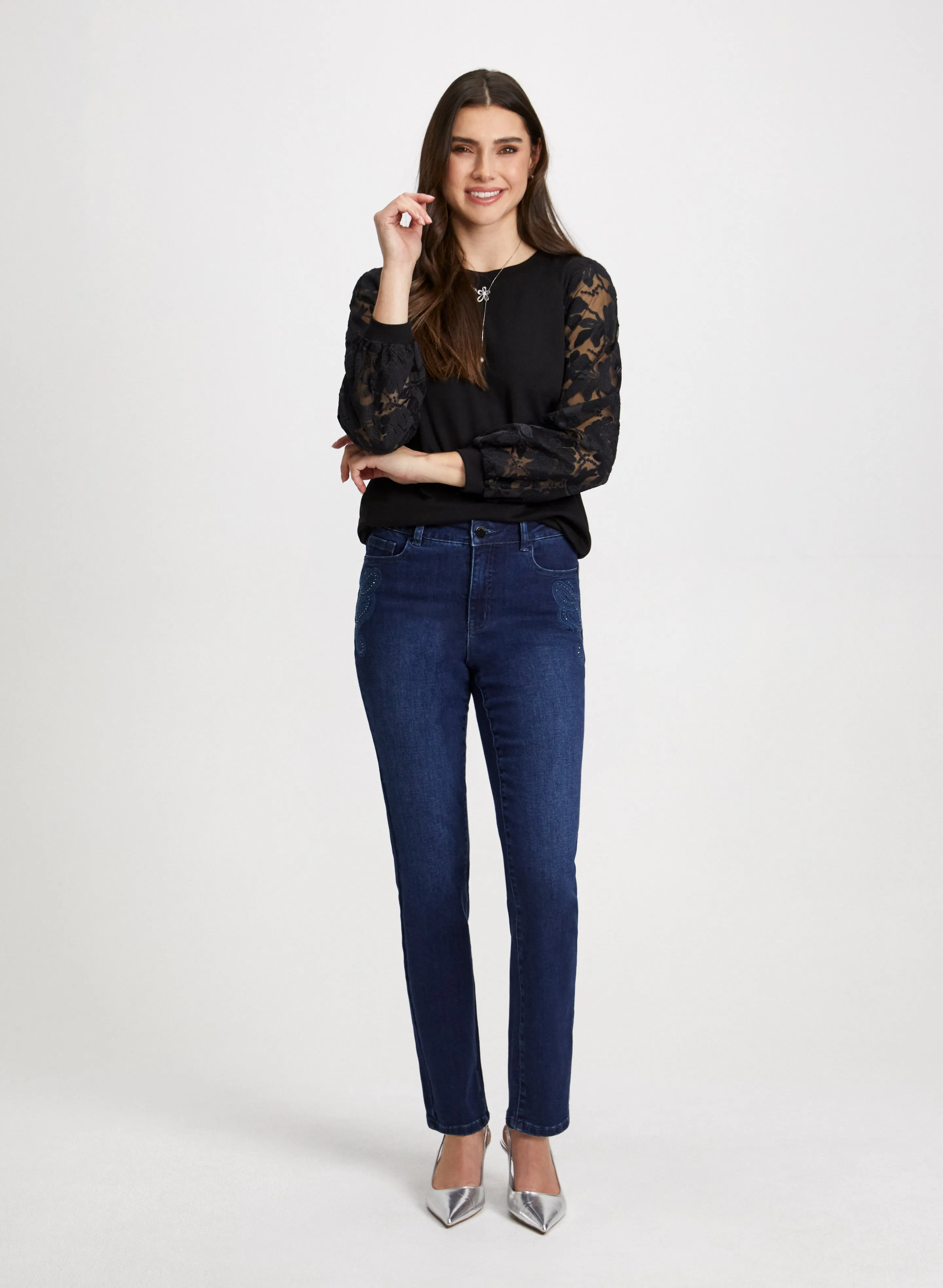 Floral Organza Sleeve Top & Embroidered Jeans sold by Laura