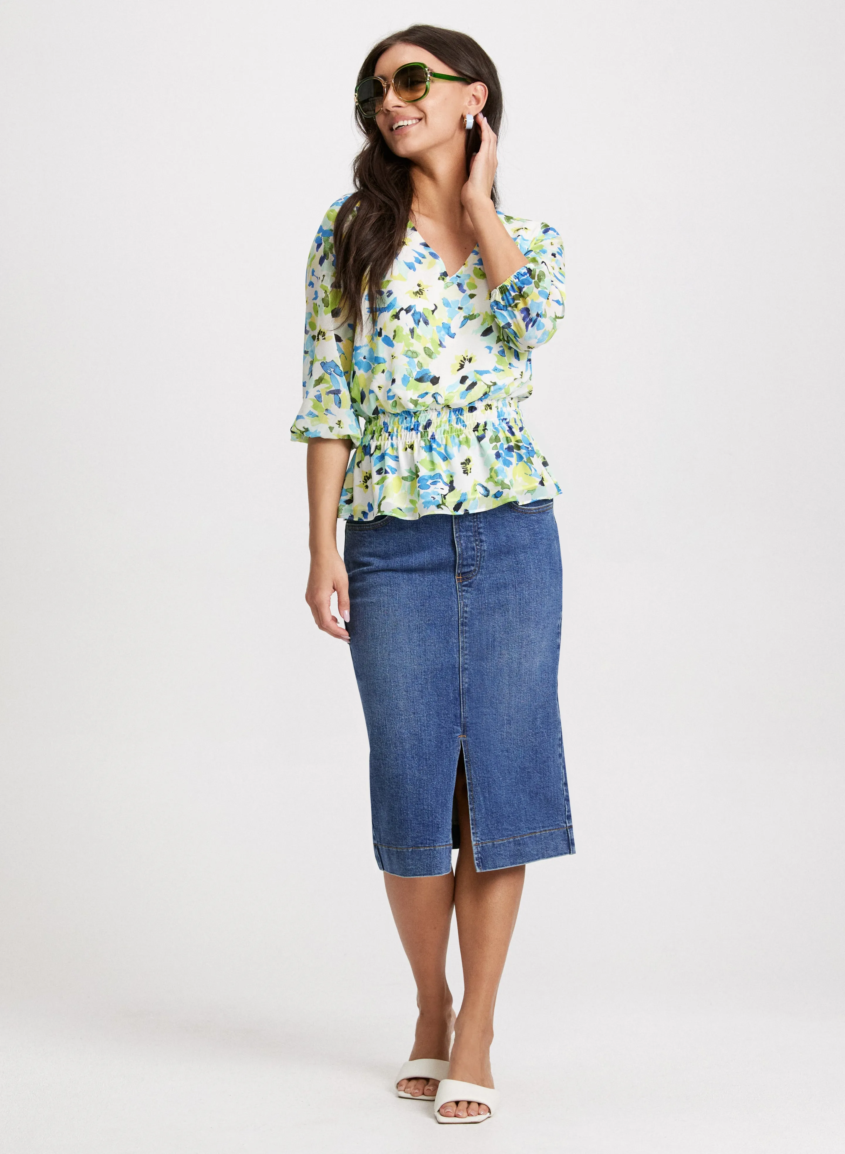 Floral Peplum Top & Slit-Hem Denim Midi Skirt sold by Laura
