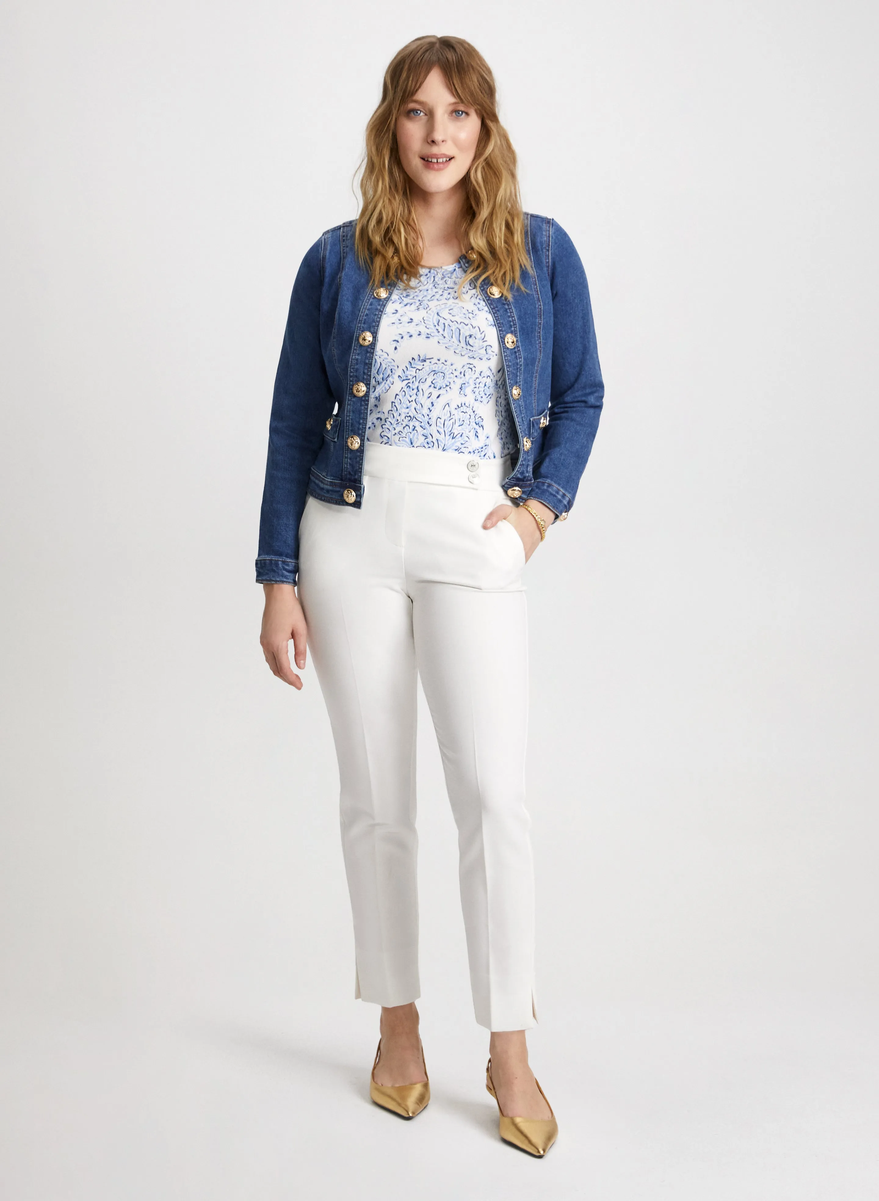 Button Trim Denim Jacket & Slim Leg Ankle Pant sold by Laura
