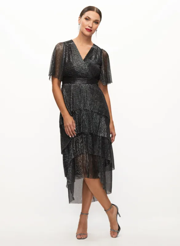 Asymmetric Tiered Metallic Dress sold by Laura