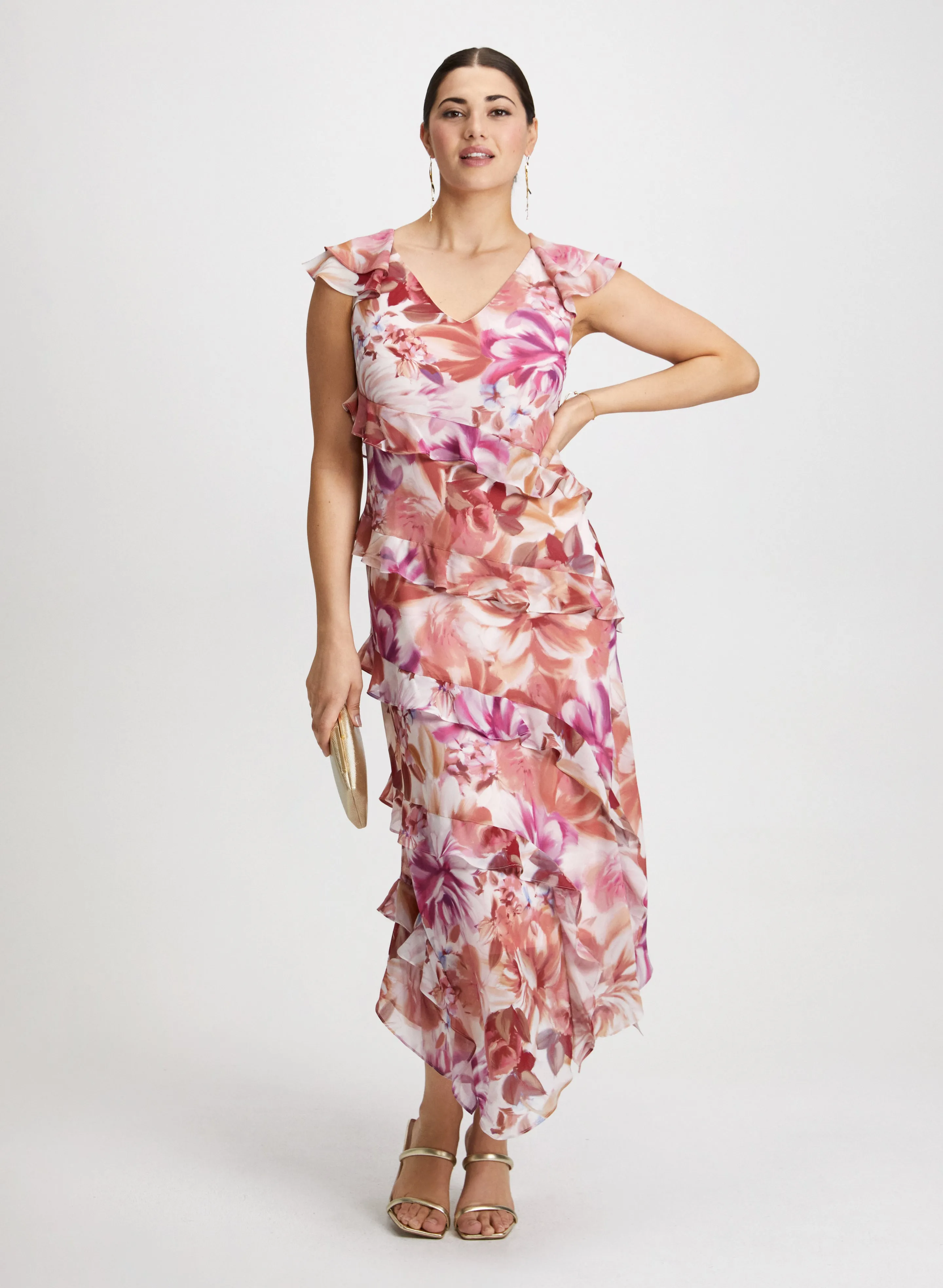 Ruffled Chiffon Floral Dress & Shimmering Clutch sold by Laura