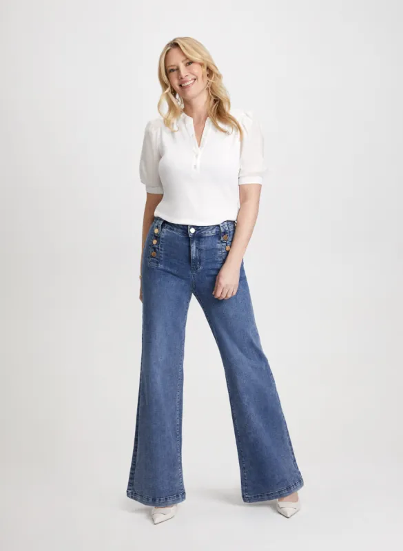 Split Neck Top & Button Detail Wide Leg Jeans sold by Laura