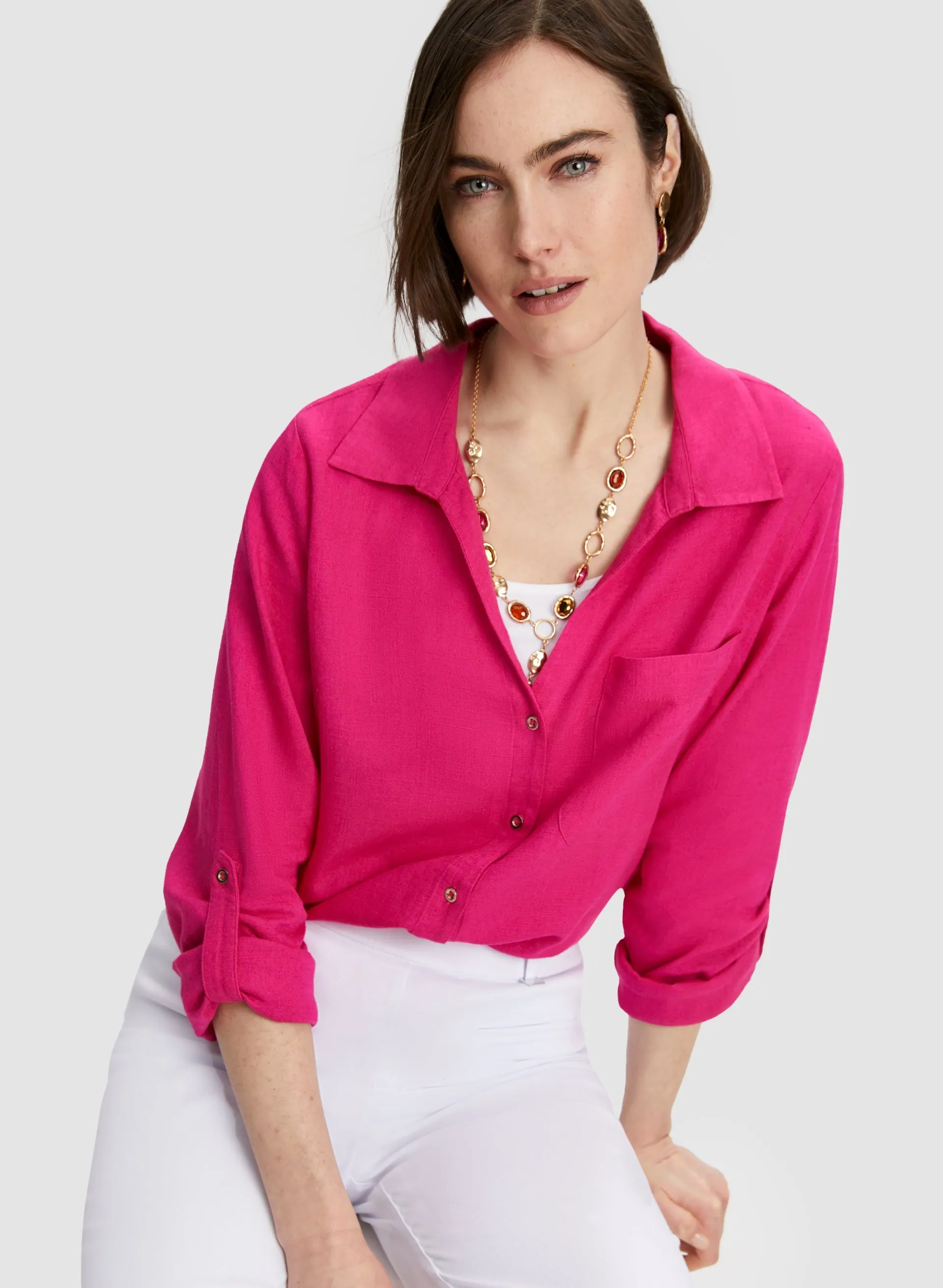 Roll-Up Sleeve Linen-Blend Blouse sold by Laura