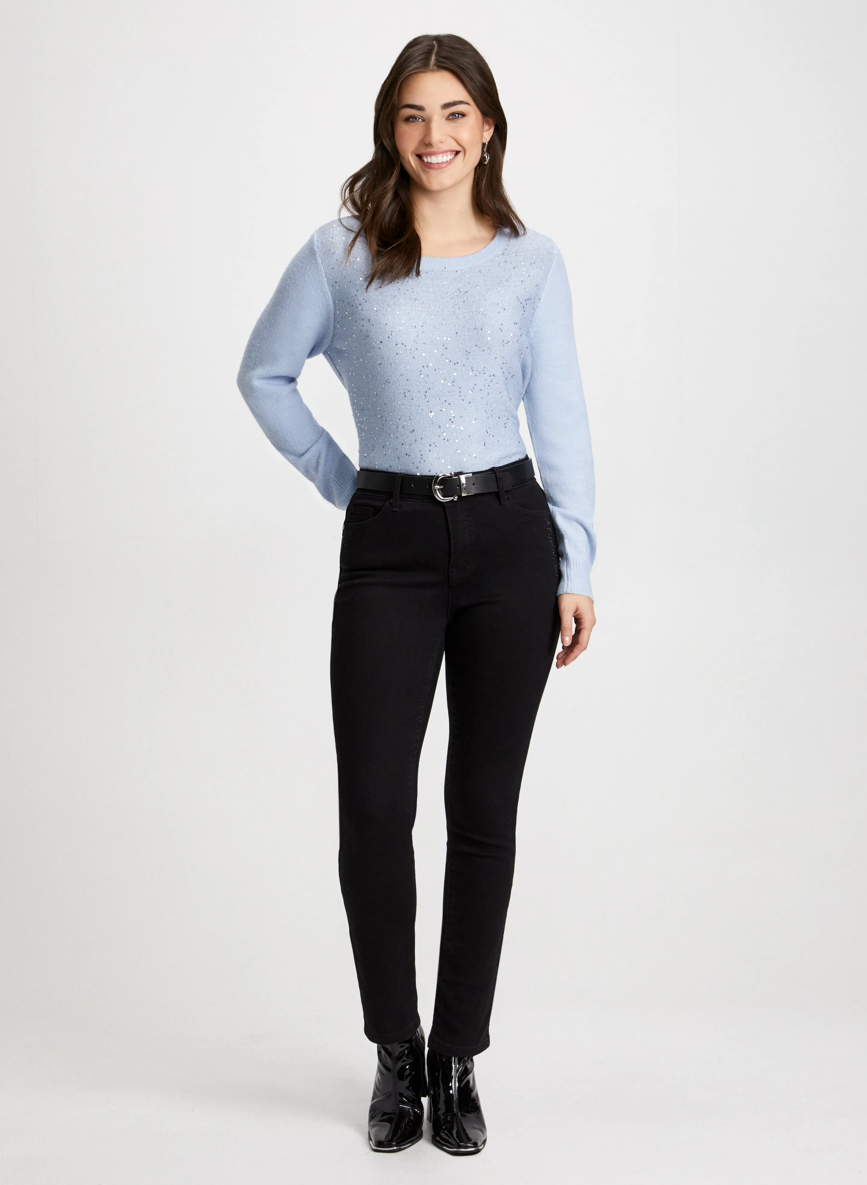 Knit Sequin Sweater & Straight Leg Jeans sold by Laura