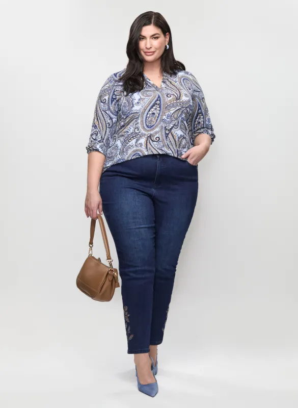 Balloon Sleeve Paisley Top & Embellished Hem Jeans sold by Laura