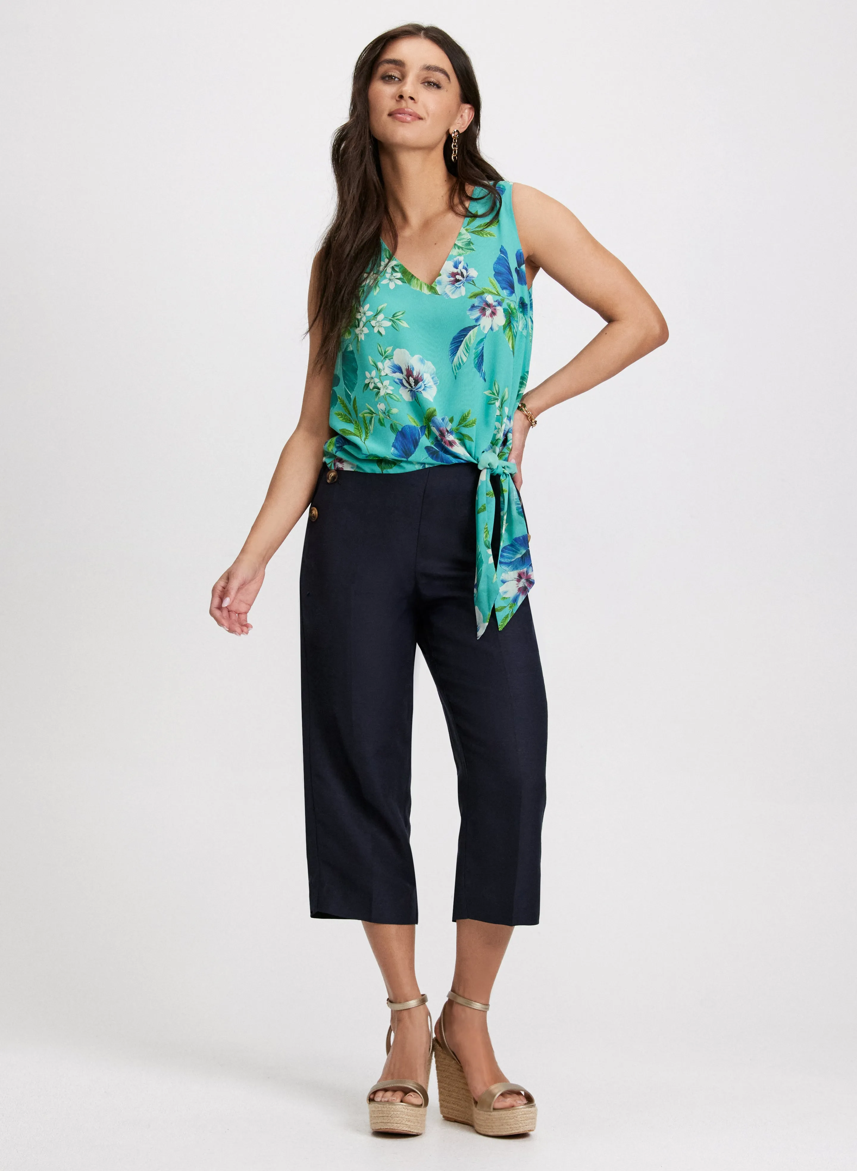 Tied-Hem Floral Print Blouse & Wide Leg Linen-Blend Capris sold by Laura