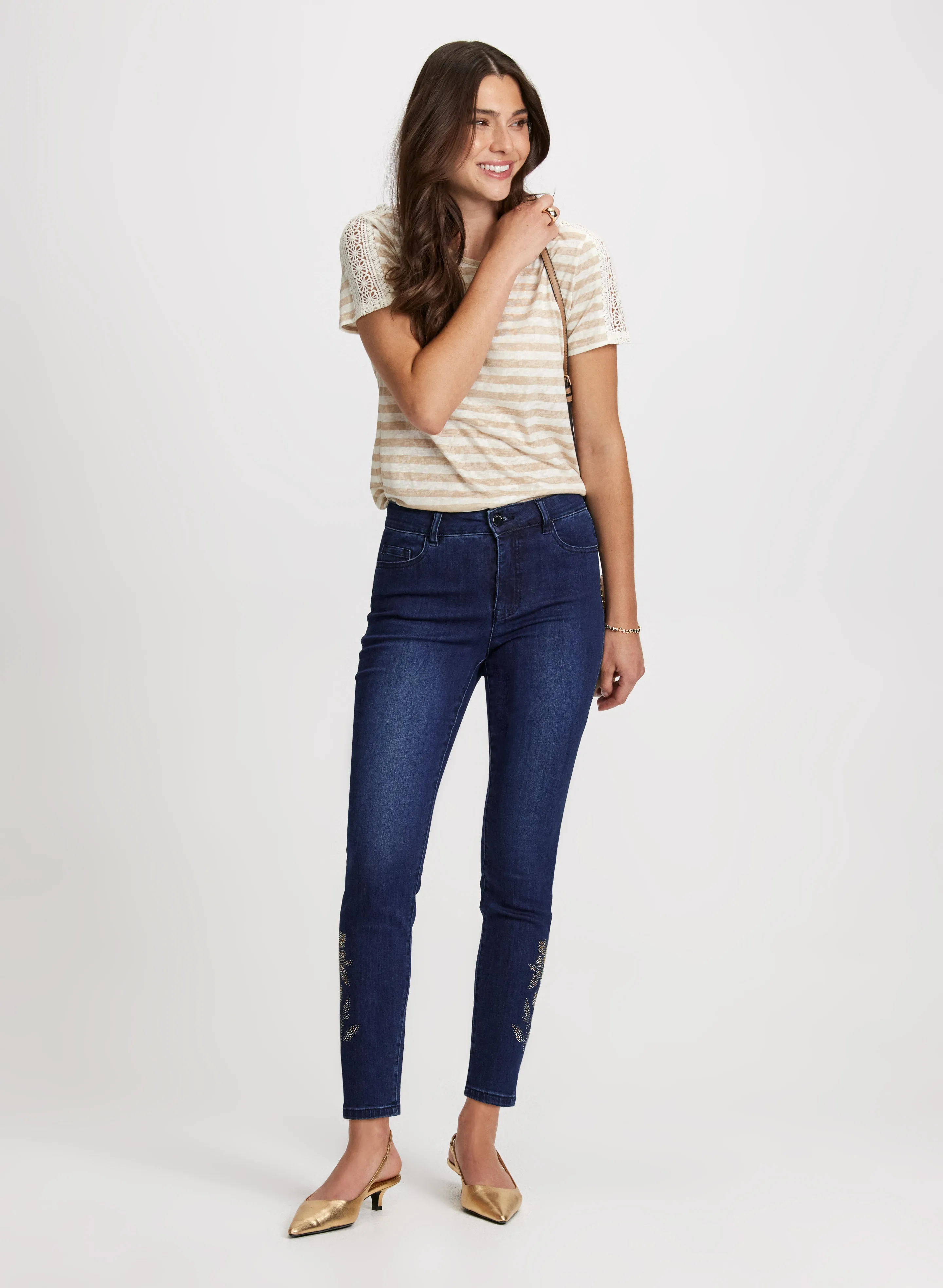 Striped Crochet Lace Tee & Embellished Hem Ankle Jeans sold by Laura