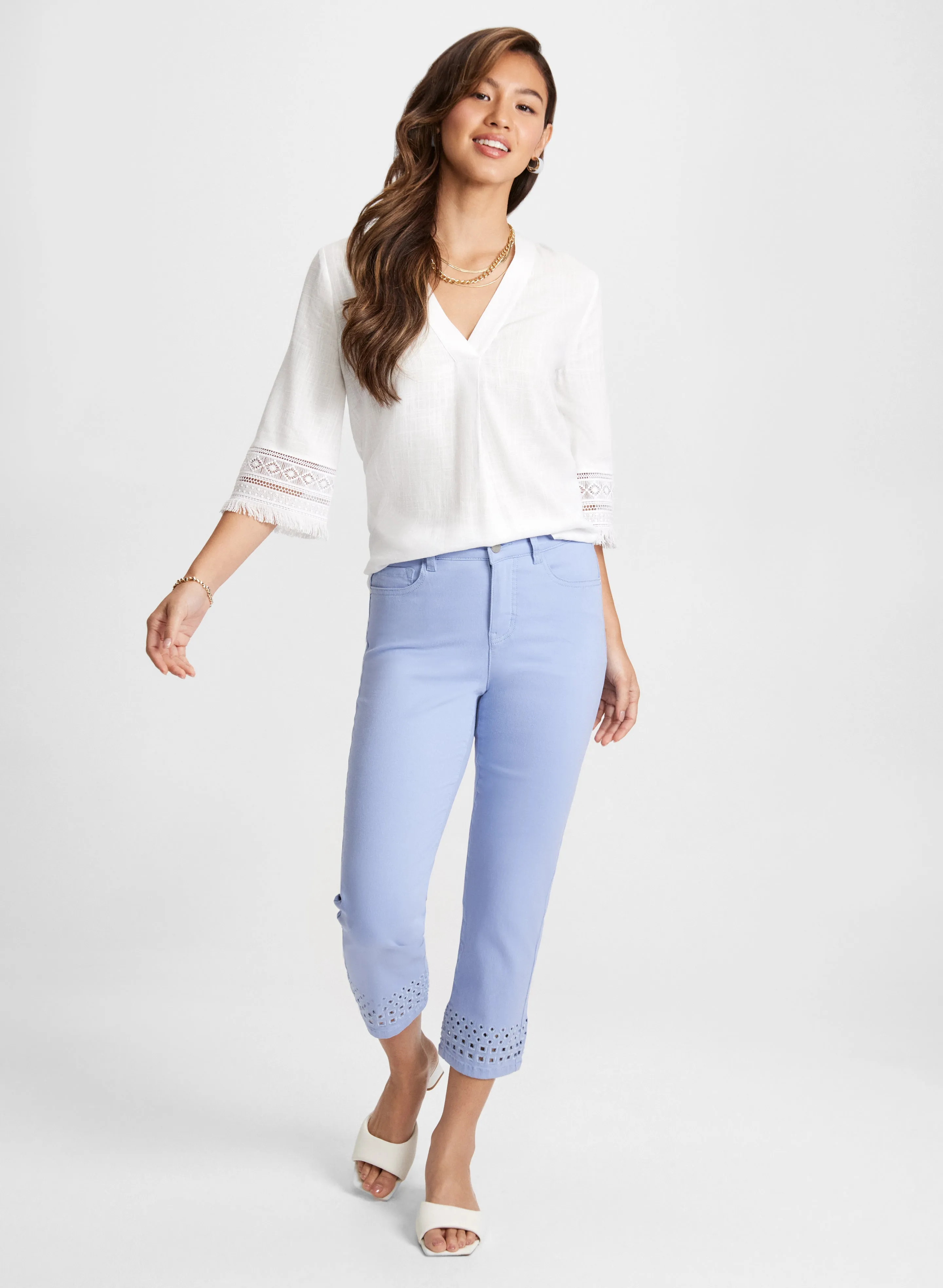Fringe Sleeve Linen Blouse & Straight Leg Denim Capris sold by Laura