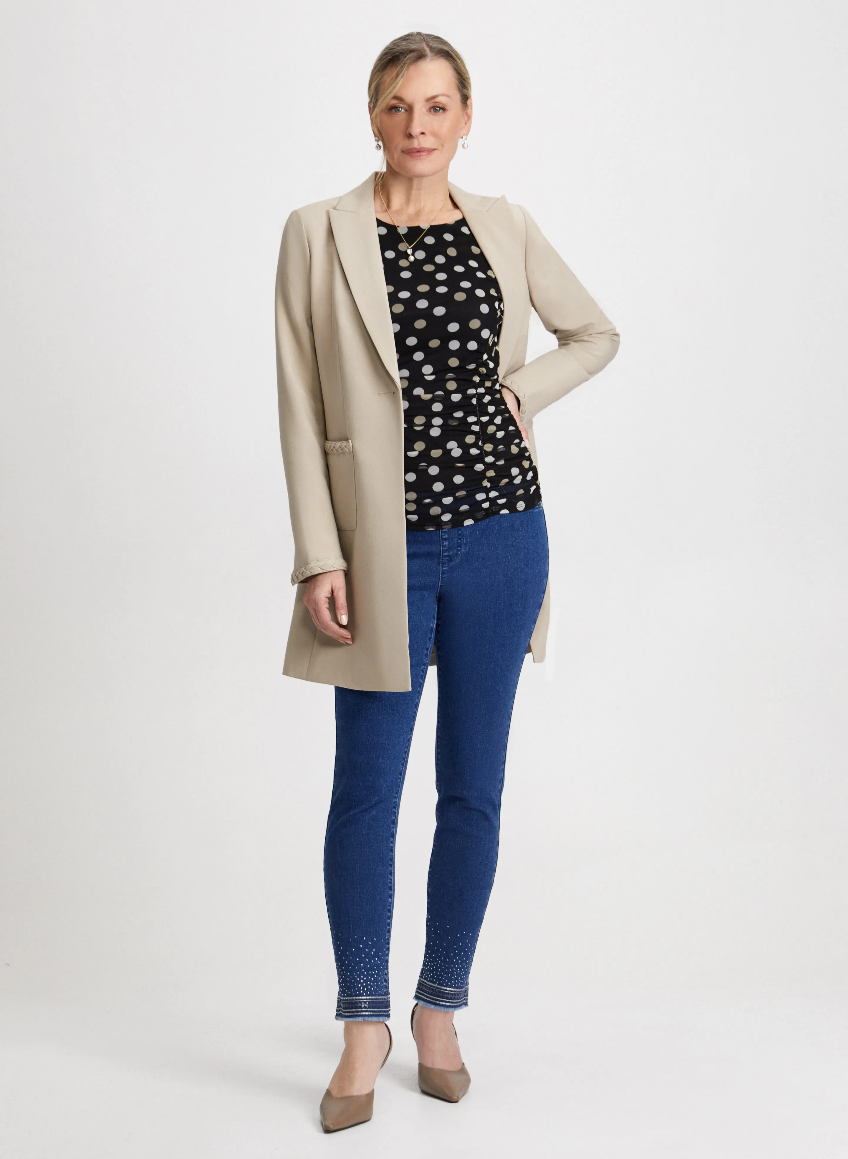 Redingote Jacket & Sequin Hem Jeans sold by Laura