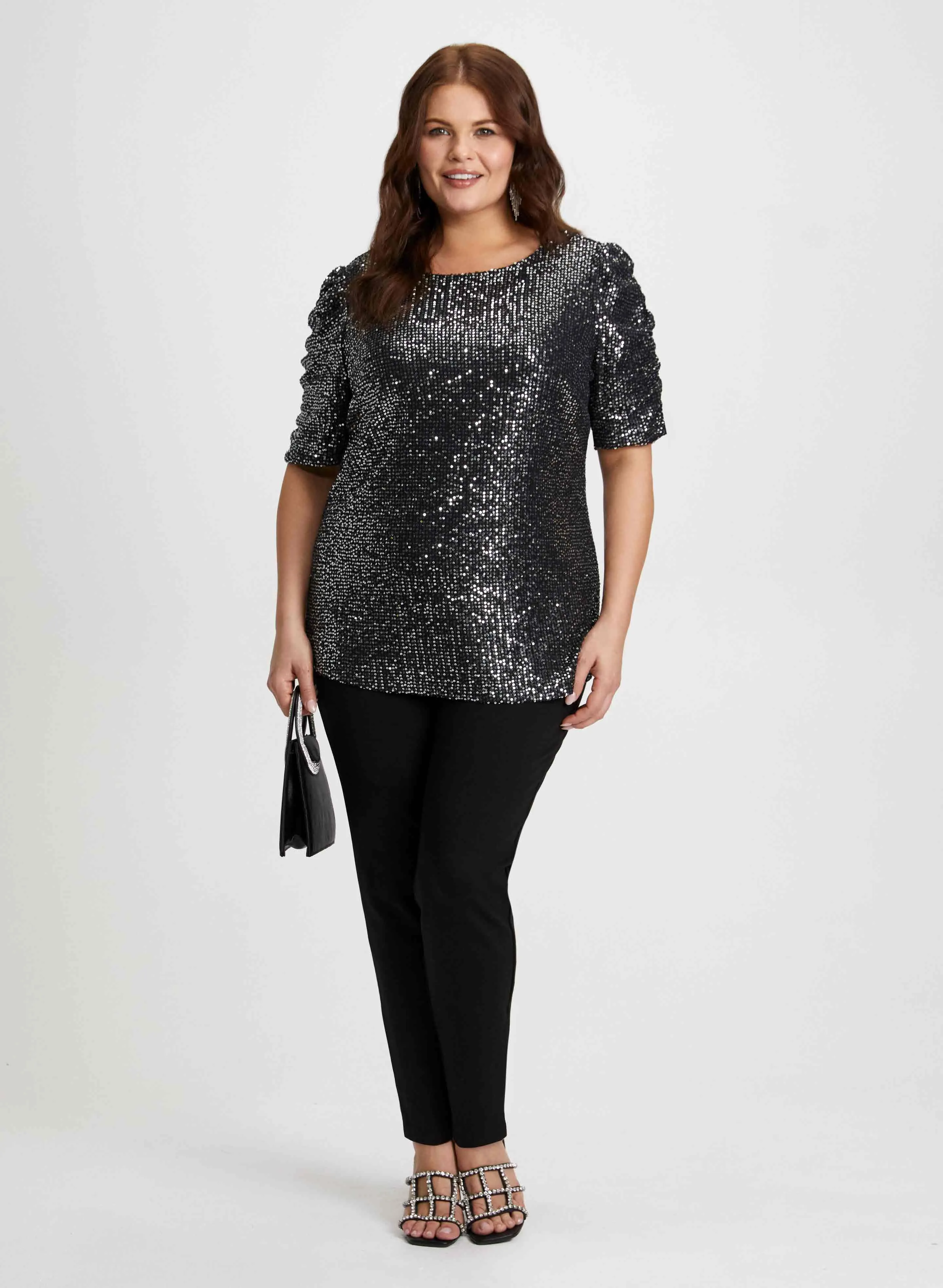 Shirred Sleeve Sequin Top & Bow Detail Pants sold by Laura