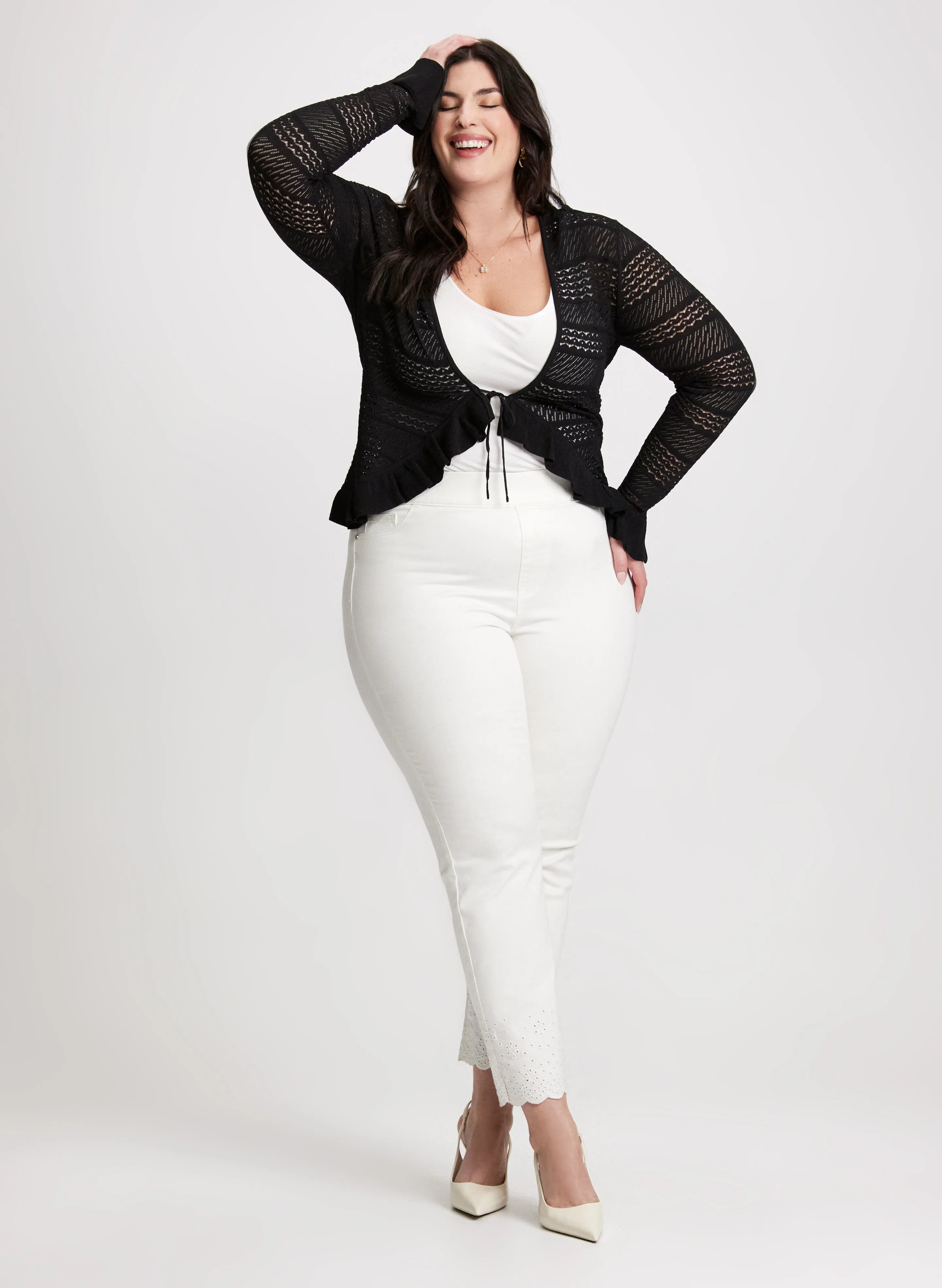 Pointelle Knit Cardigan & Embroidered Pull-On Jeans sold by Laura