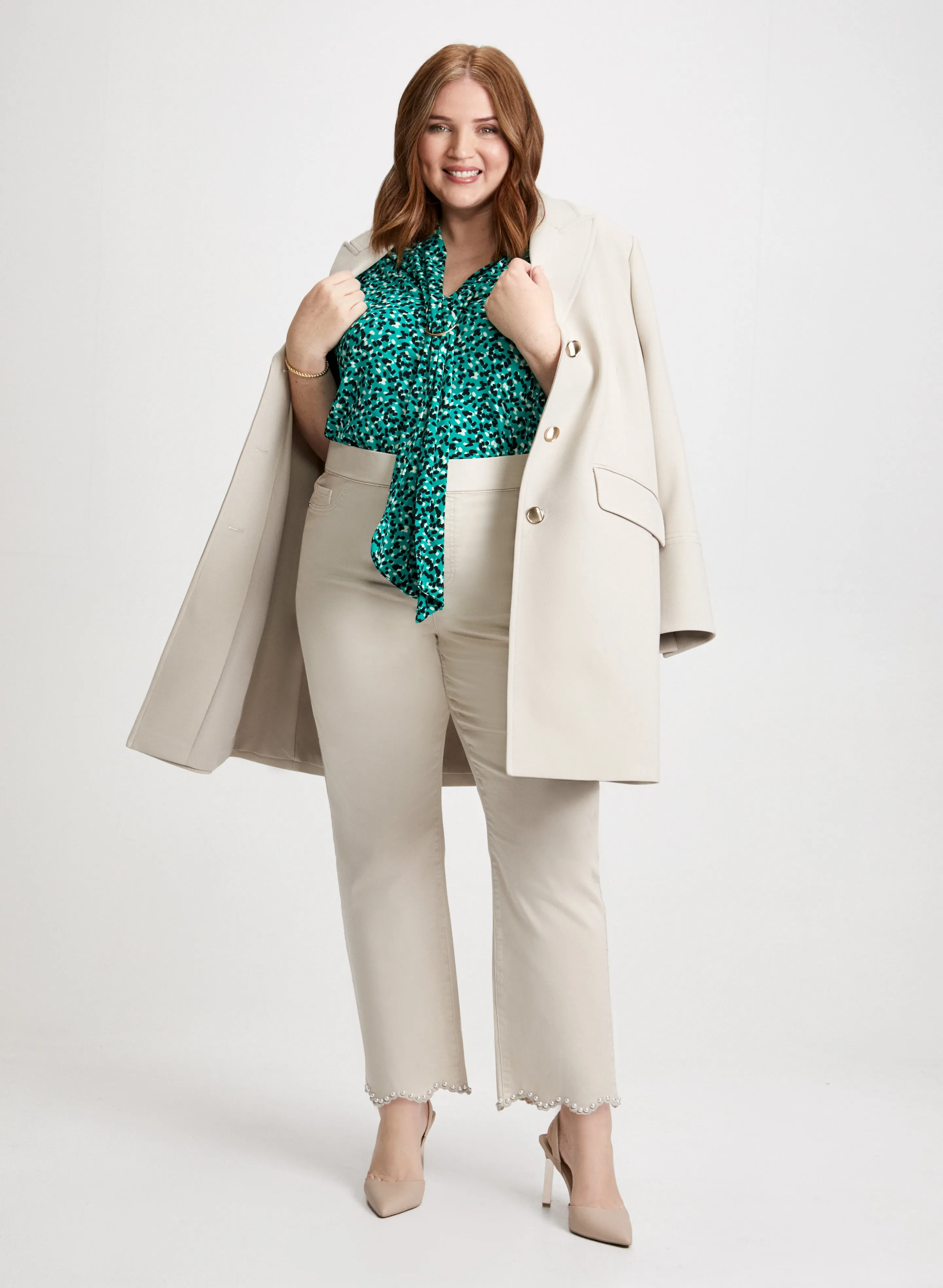 Notch Collar Tricotine Jacket & Scalloped Hem Jeans sold by Laura